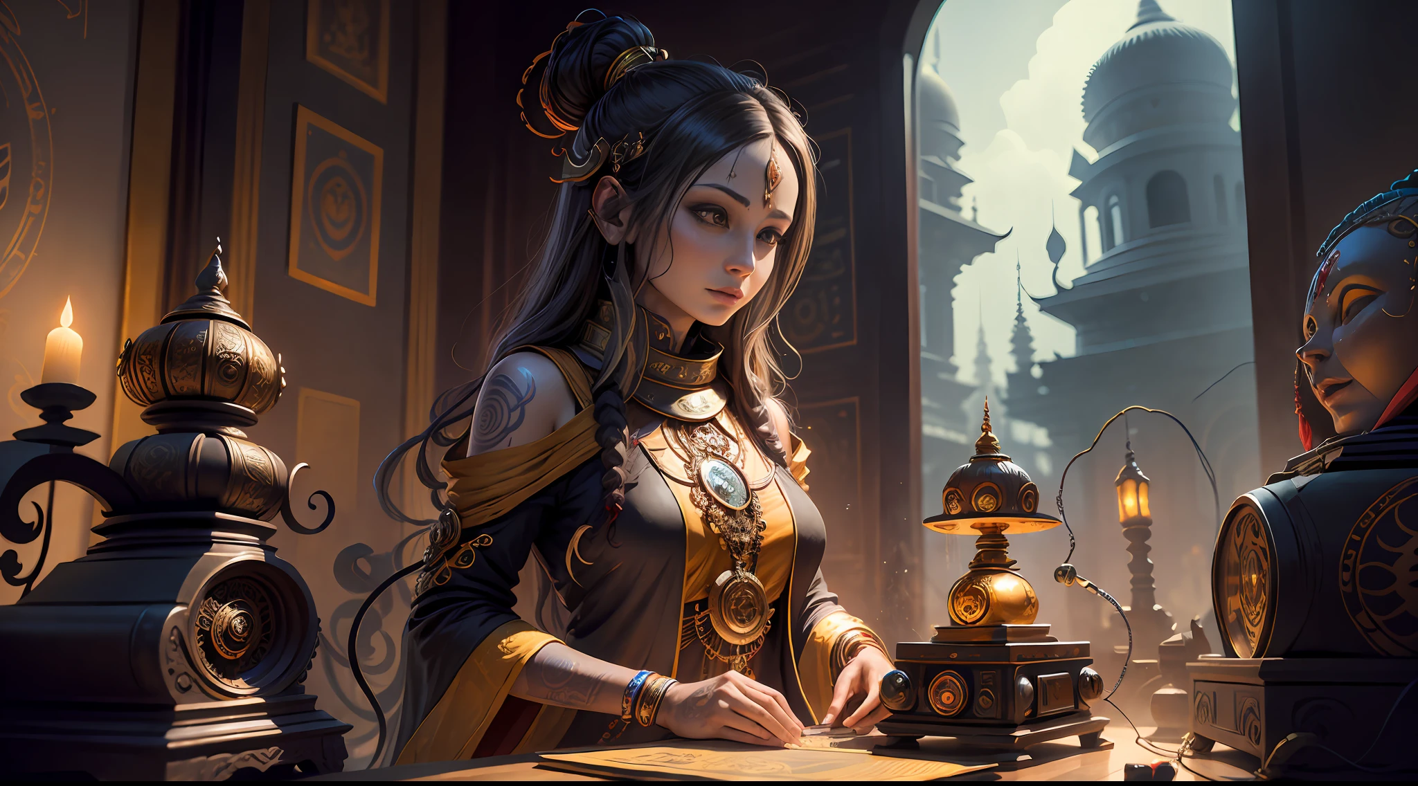 Ultra-detailed young tantric priestess with tattoos and percings and an ironman mask mixing music on a record player at a Hindu temple next to a photorealistic Buddha statue --auto