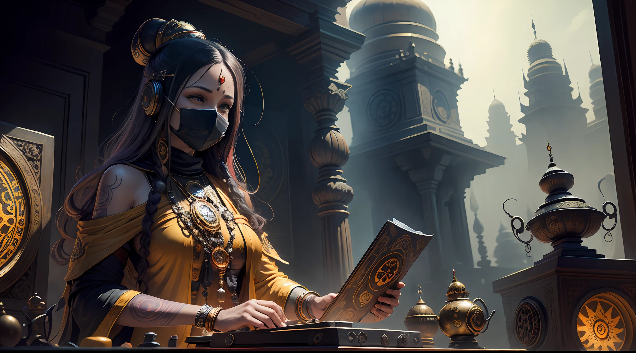 Ultra-detailed young tantric priestess with tattoos and percings and an ironman mask mixing music on a record player at a Hindu temple next to a photorealistic Buddha statue --auto