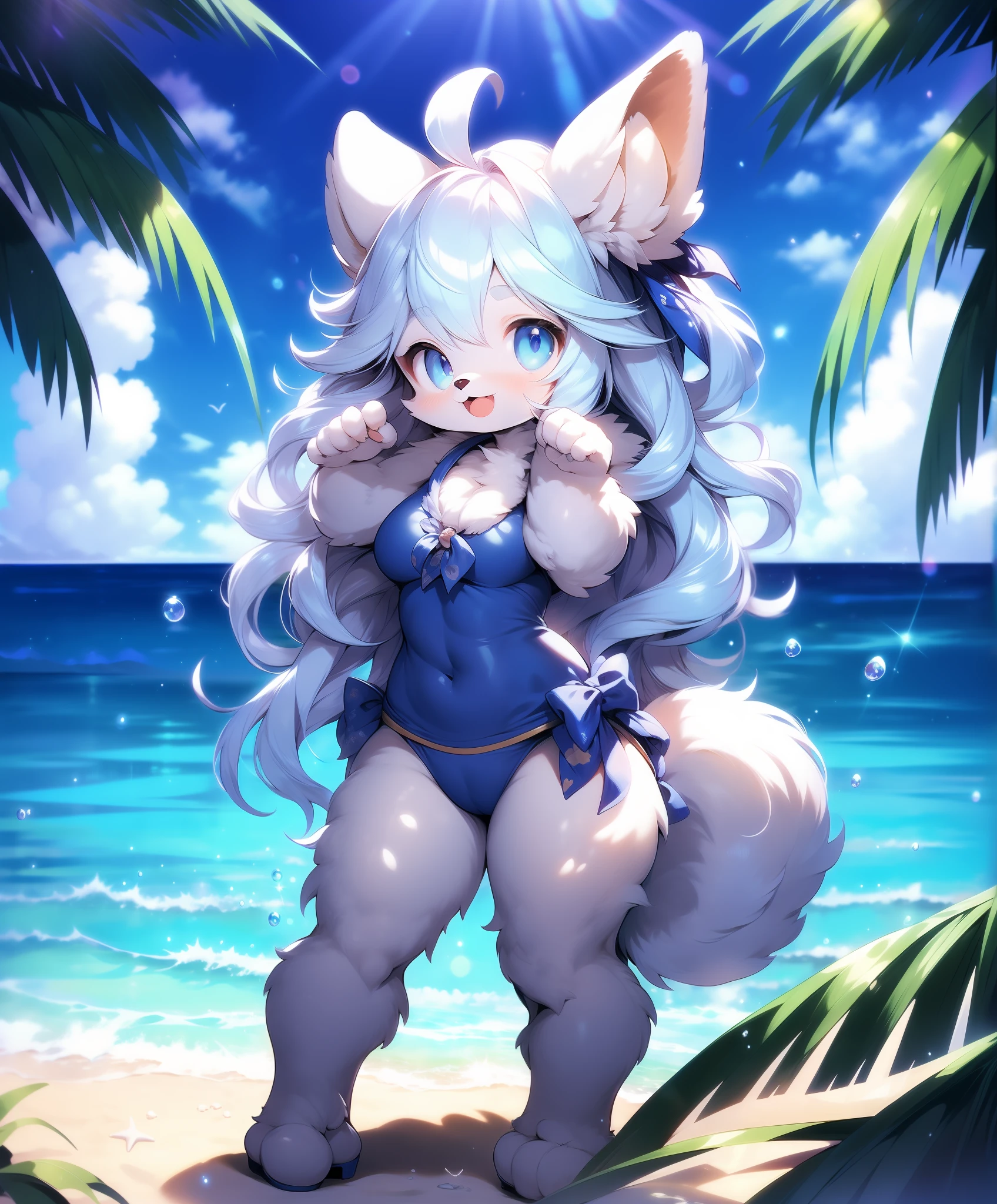 kawaii pose, large breasts,
outdoors, school swimsuit, furry female, furry, beach, animal ears, hands on hips, blue eyes, long hair, solo, blue hair, ocean, animal ear fluff, cloud, thighs, sky, smile, day, full body, water, :3, ahoge, tail, legs, belly, barefoot, standing, looking at viewer,