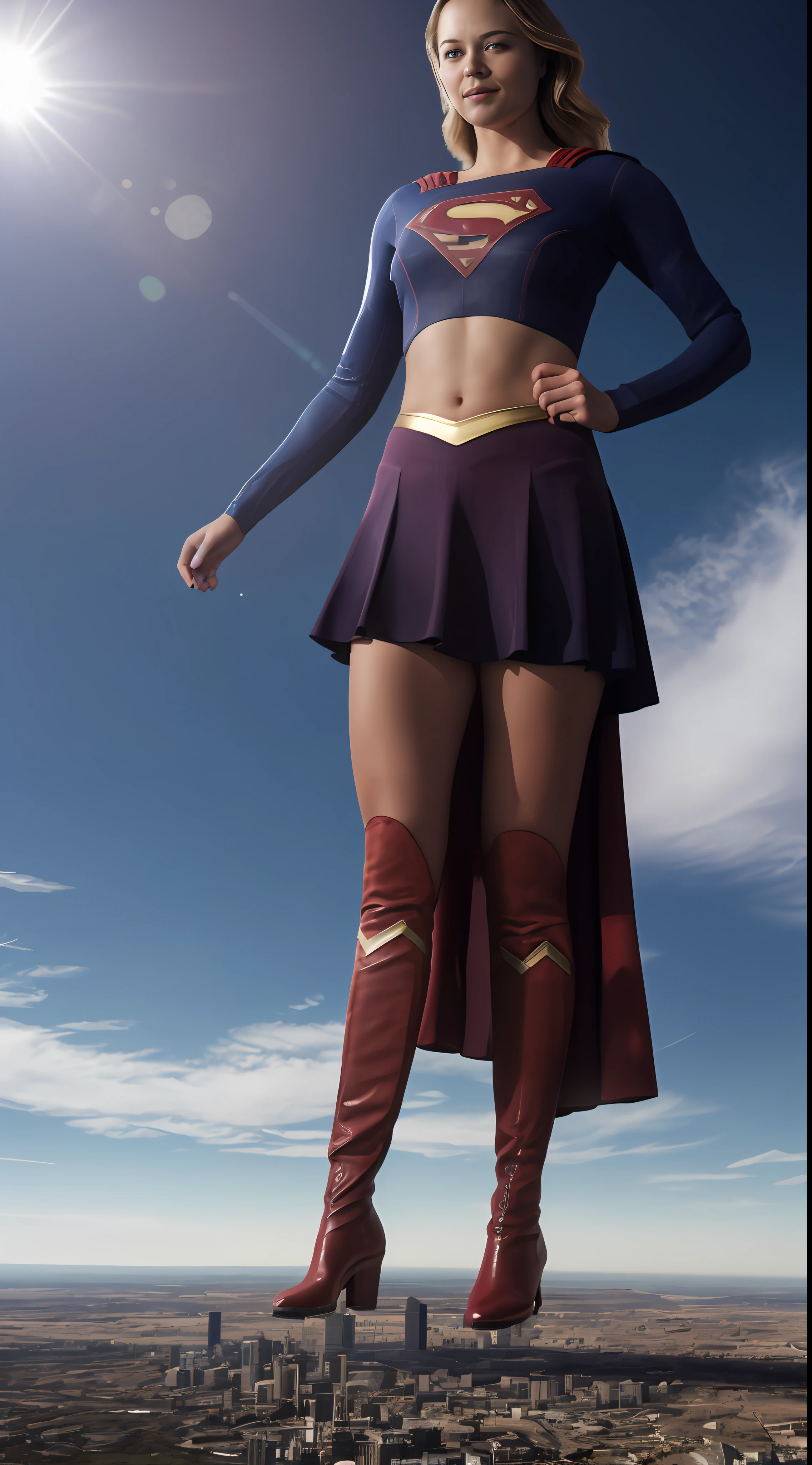 (((Towering over you))), face,supergirl Beautiful woman (20 years old, long blonde hair, blue eyes) defined body, detailed, using tube dress cosplay supergirl suite, smirking, standing on a planet in space with her full body in view, cosmic background, furrowed brow, ((midriff exposed)), city under her boots, abs, muscles
