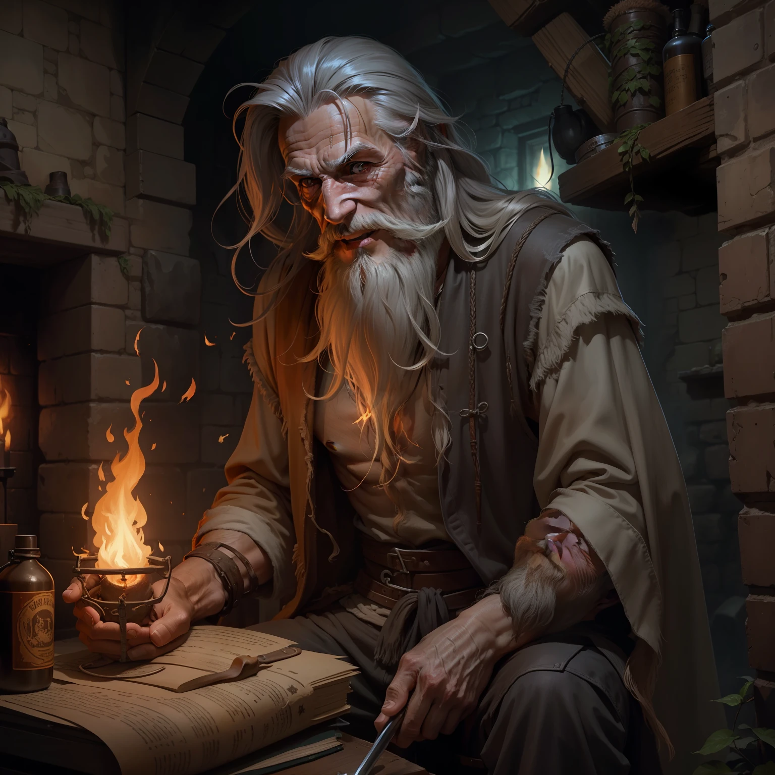 1 old, skinny, smiling, vagabond, wizard, grey long beard and hair, dressing brown rags torned up, in a dungeon, with flame in his hands