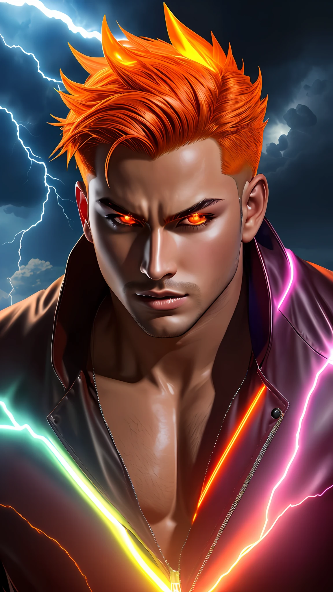 (detailed:1.1),  (masterpiece, realistic, photorealistic, colorful, perfect lightning, (bright lighting:1.3), best quality, (badass shine male devil full glow orange colour), two X on the forhead,