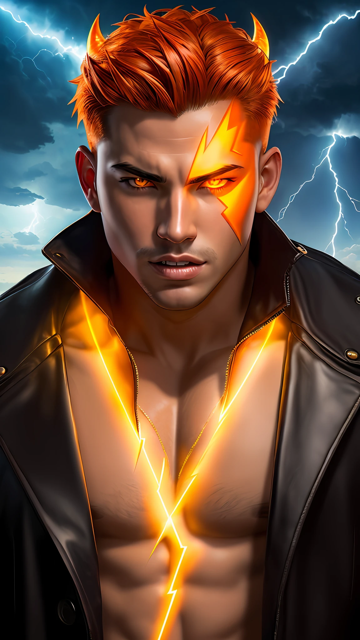 (detailed:1.1), (masterpiece, realistic, photorealistic, colorful, perfect lightning, (bright lighting:1.3), best quality, (badass shine male devil full glow orange colour), two X on the forhead,