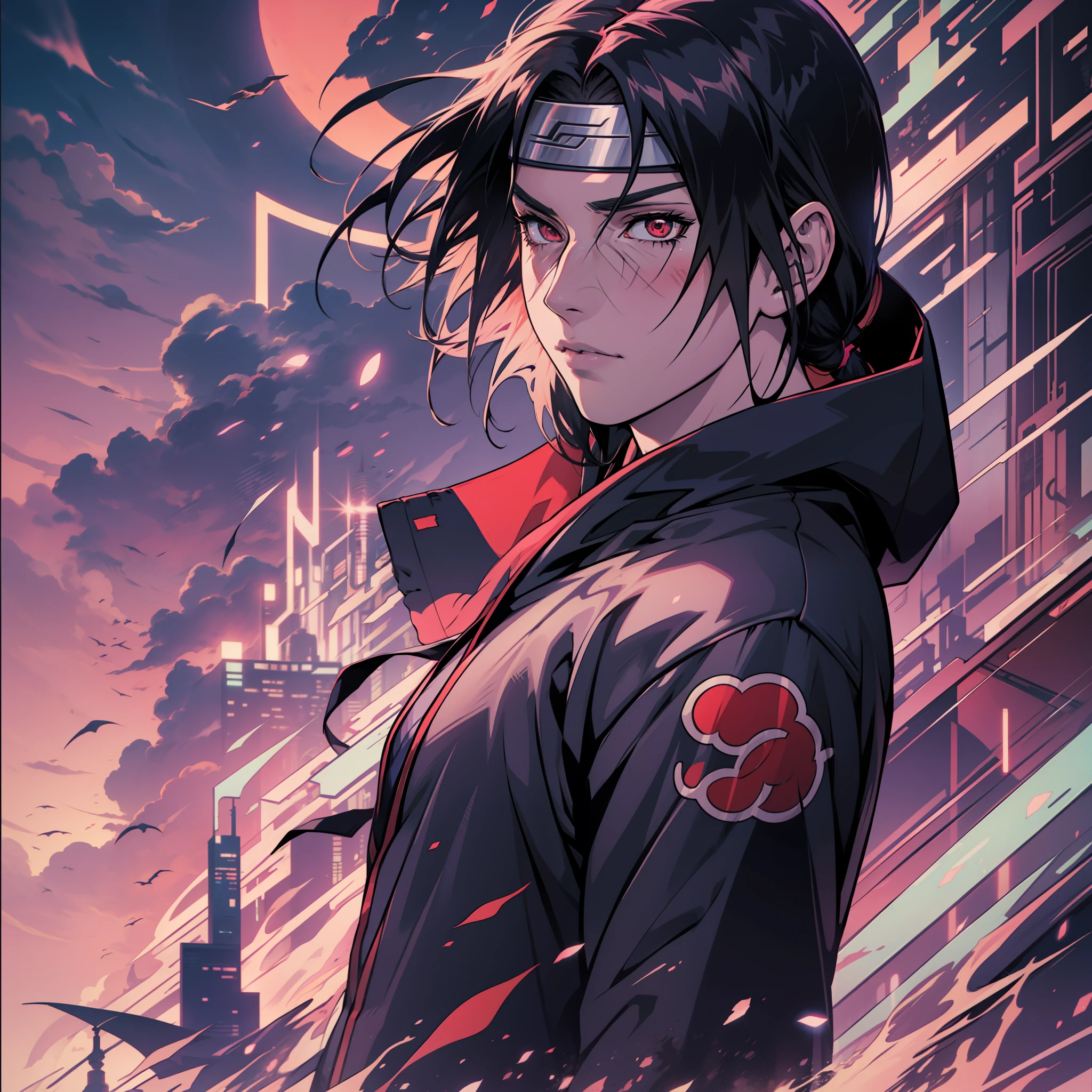 Uchiha Itachi,  estilo anime, Synthwave, corpo inteiro, 8k, altamente detalhado, obra prima, HD