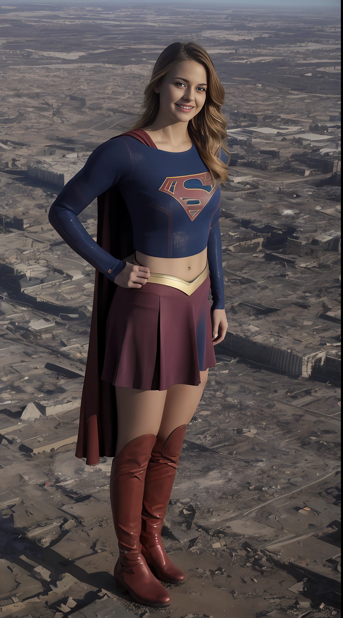 (((Towering over you))), face,supergirl Beautiful woman (20 years old, long blonde hair, blue eyes) defined body, detailed, using tube dress cosplay supergirl suite, ((smirking)), standing on a planet in space with her full body in view, cosmic background, furrowed brow, ((midriff exposed)), city under her boots, destruction, rubble