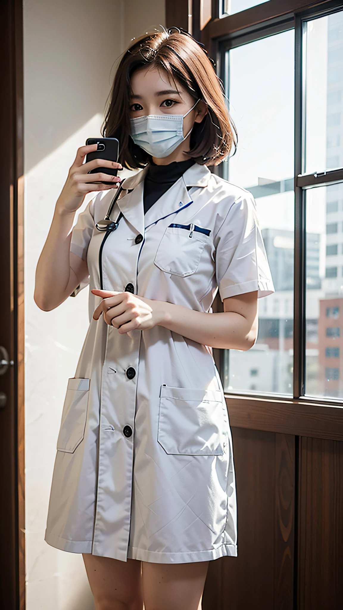 Hospital interior mask short-sleeved white coat nurse costume beauty，Fiddling with your phone，Short clothes