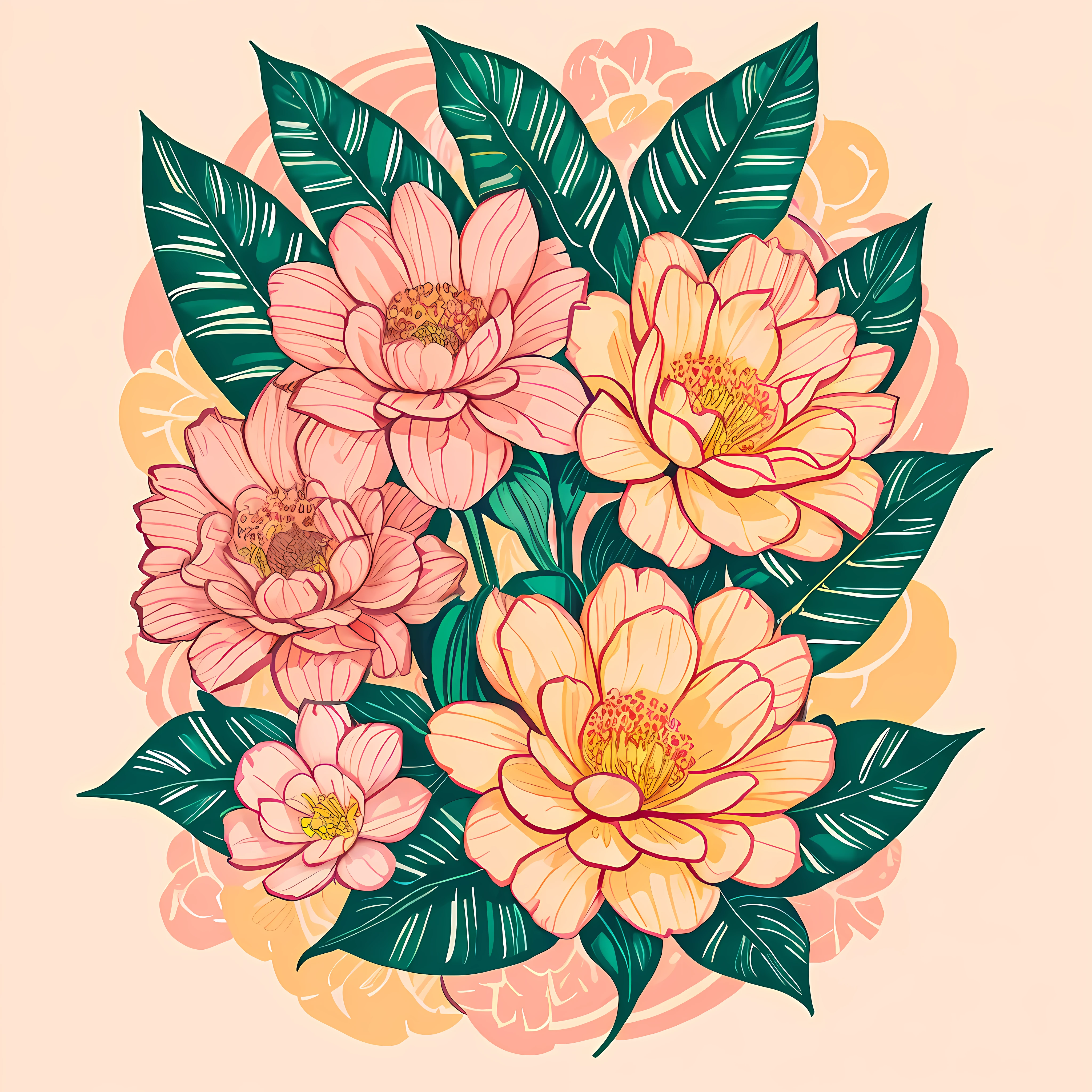 florals,Printing,Soft beige,pastel pink,Tropical plants,flatillustration,GUI,Maximalism,Bright color scheme