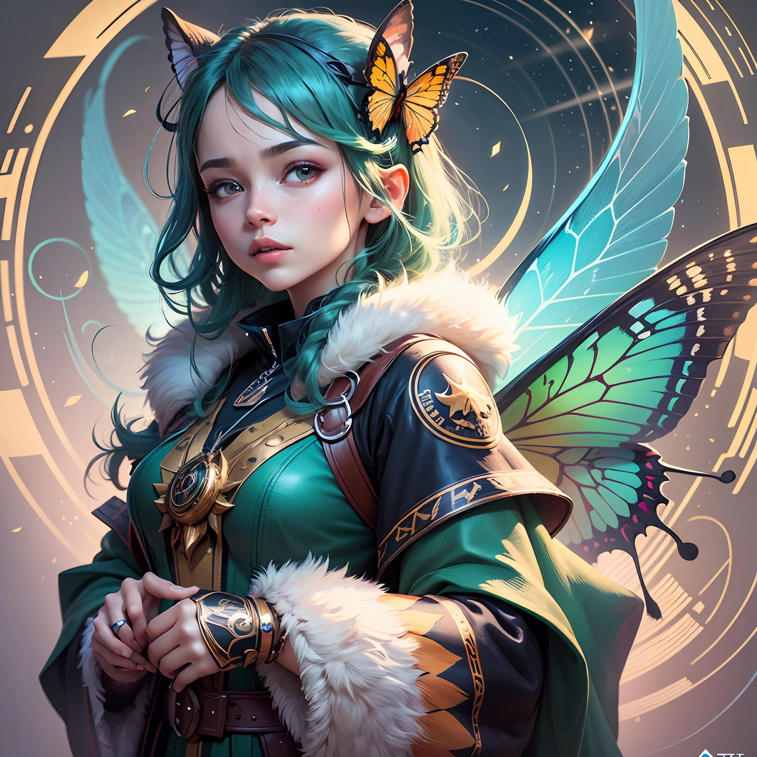 an artistic illustration of a whimsical fairy creature, with the characteristics of blending a snake and a butterfly and a wooly mammoth | vibrant irridescent colors, fur, scales, gossamar-wings, adorable eyes, cute, whimsical features | ((in the style of crisp  airbrush-Tilen Ti-Victo Ngai illustrations | 8K, wallpaper, trending on Artstation-CGSociety-Deviantart --auto --s2