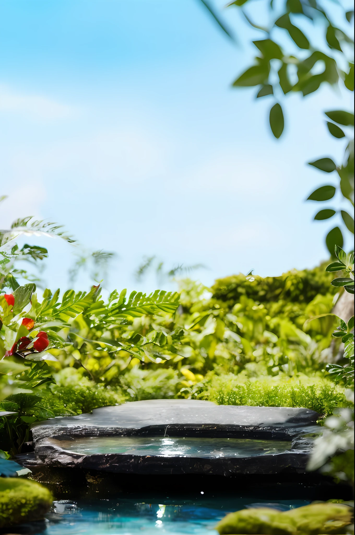 There is a small pond, Lush vegetation in the background, vibrant greenery outside, roof with vegetation, on a planet of lush foliage, many plants and infinite pool, lush garden in the background, jungle as the background, Beautiful garden on background, the background is lush jungle, lush verdant plants, Garden background, Dense vegetation with ferns,fresh flowers，colorful，coloured with lots of colour，Warm light