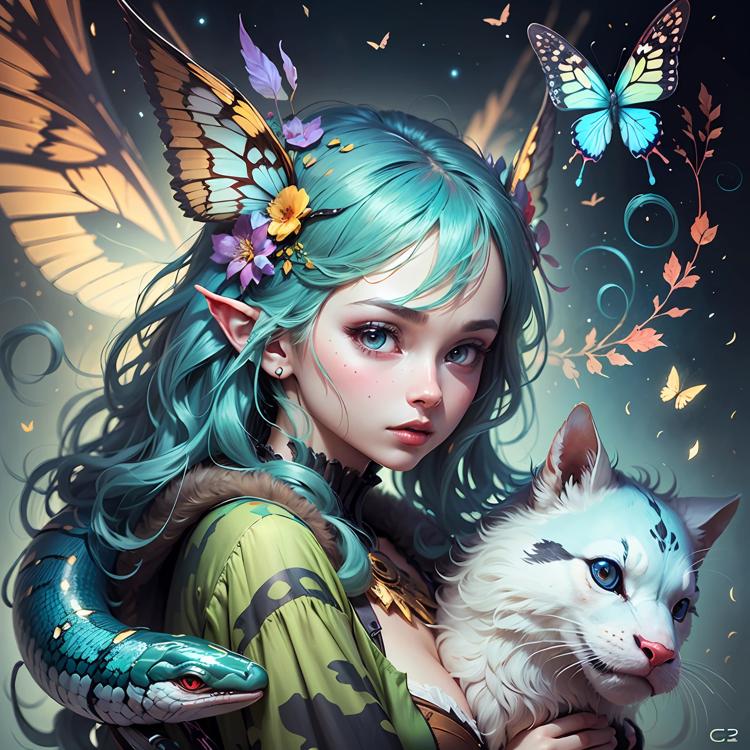 an artistic illustration of a whimsical fairy creature, with the characteristics of blending a snake and a butterfly and a wooly mammoth | vibrant irridescent colors, fur, scales, gossamar-wings, adorable eyes, cute, whimsical features | ((in the style of crisp  airbrush-Tilen Ti-Victo Ngai illustrations | 8K, wallpaper, trending on Artstation-CGSociety-Deviantart --auto --s2