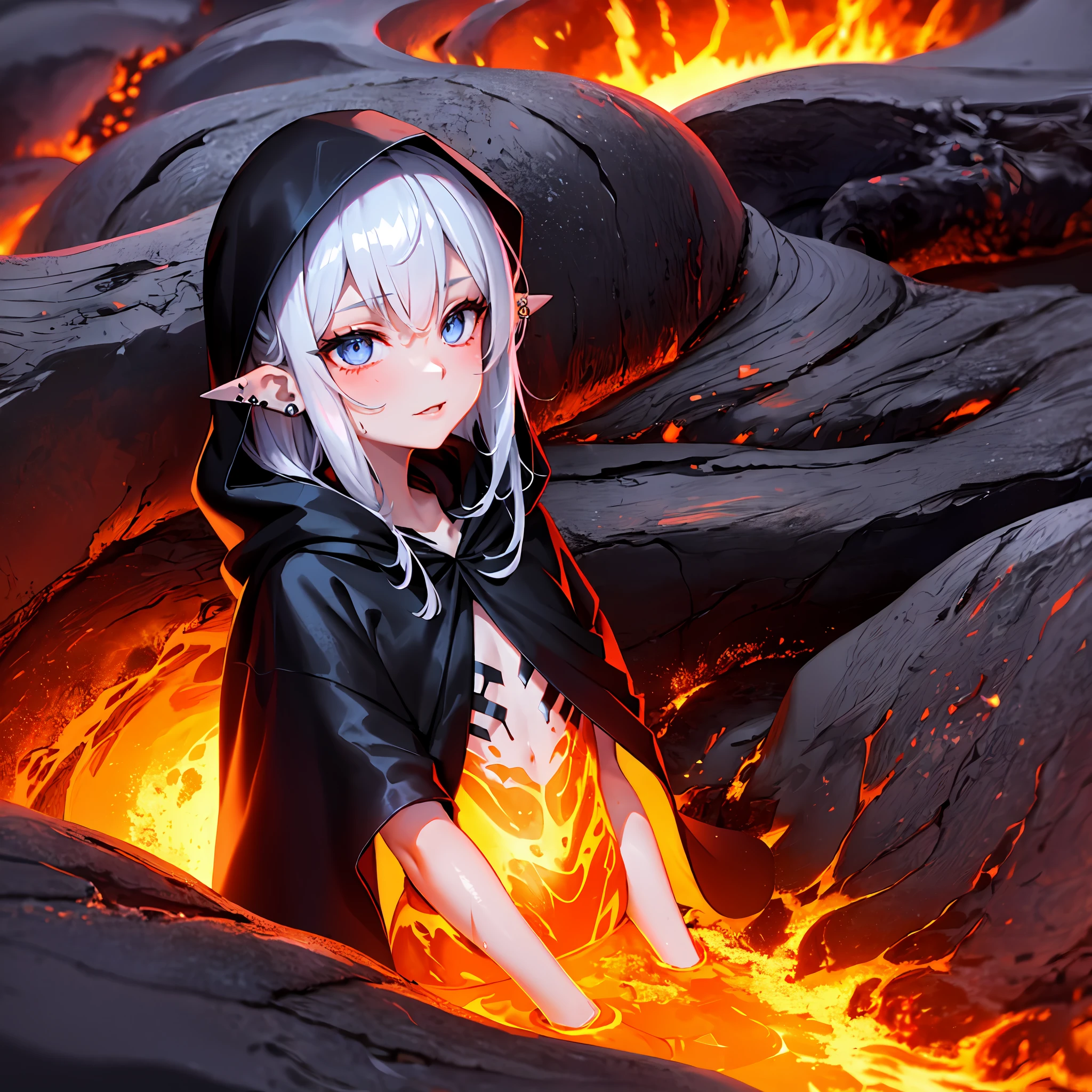 1girl in,Solo,(Portrait:1.2),Bathing,Wet,((eruption:1.2),Lava Girl,lava,the magma,Lava splash:1.2),Demon Girl,Naughty_Face,spiky_Ears,piercings,Small chest, The tattoo,Blue eyes,hair messy,Long hair,Silver hair,Black cloak,cloak with hood,demon tail,Shiny skin