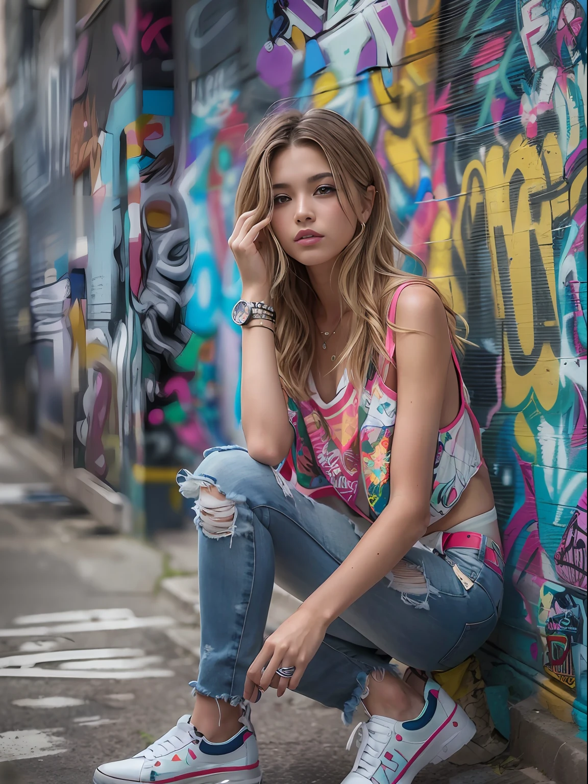 Fashion model photography, fashion trend girl, summer, street style, full body, Street graffiti wall in the background,The walls are all graffiti in English,dream space --s 750 --q 2 --v 5.1