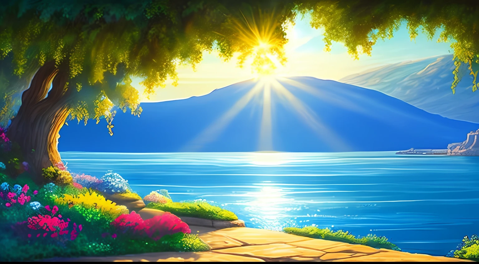 Quality of original art, sea of Galilee, sunny day, Disney animation style, blue backlight, translucent, with light as theme, the focus of the light is on the characters, the overall picture is fresh and bright.