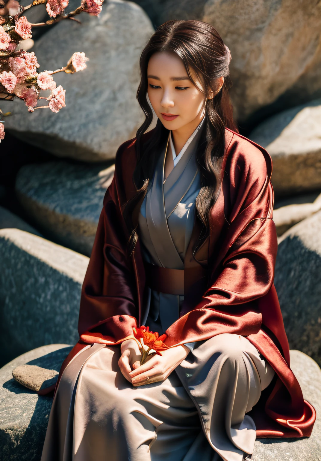 The Arad woman in a robe sits on the rock，Holding a flower in hand, wearing a long flowing robe, Hanfu, Wearing Jedi robes and sari, wearing a long flowing robe, wearing brown jedi robes, Female Jedi, wearing jedi robes, dressed in simple robes, flowing hair and long robes, Palace ， A girl in Hanfu, Flowing robes