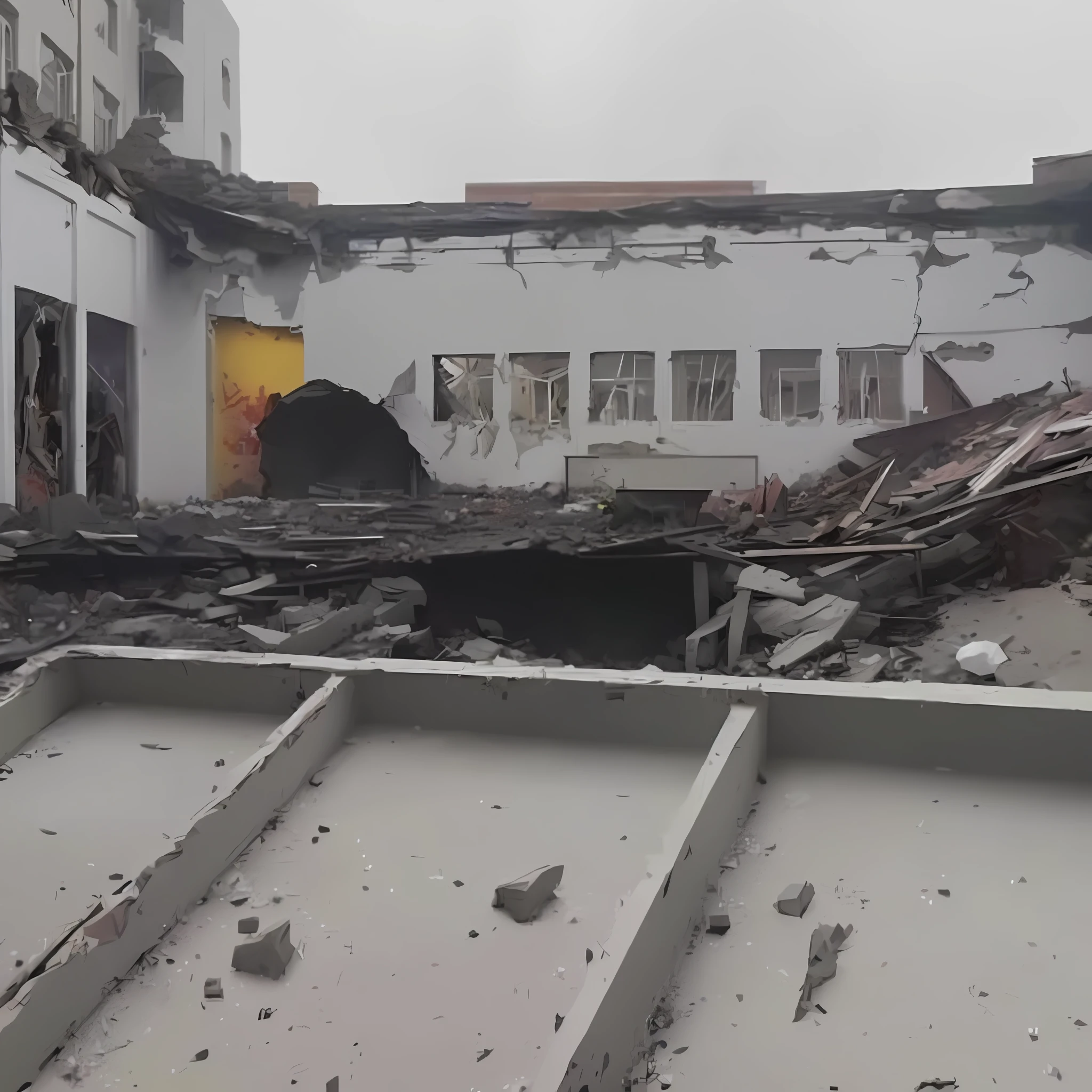 Arafeld architecture,There is a pile of rubble and debris in the foreground, A huge impact on the building, buildings collapsed, Collapsed building, building destroyed, damaged buildings, Debris flew around, destroyed modern buildings, Collapsed buildings, buildings covered in black tar, video still, low quality video, Destroyed buildings, The bus stop exploded, collapsed floors, instagram post, Collapsed ceiling