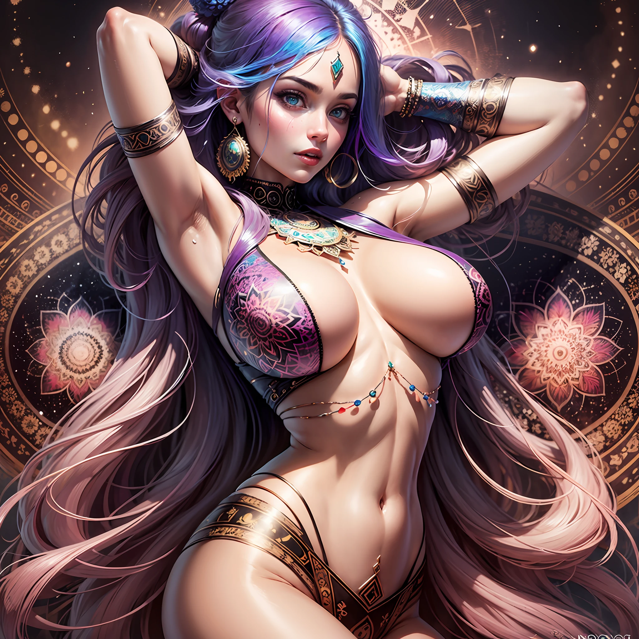 woman with large breasts, vibrant colors, psychedelic image, LSD, mandala, fractral --auto --s2