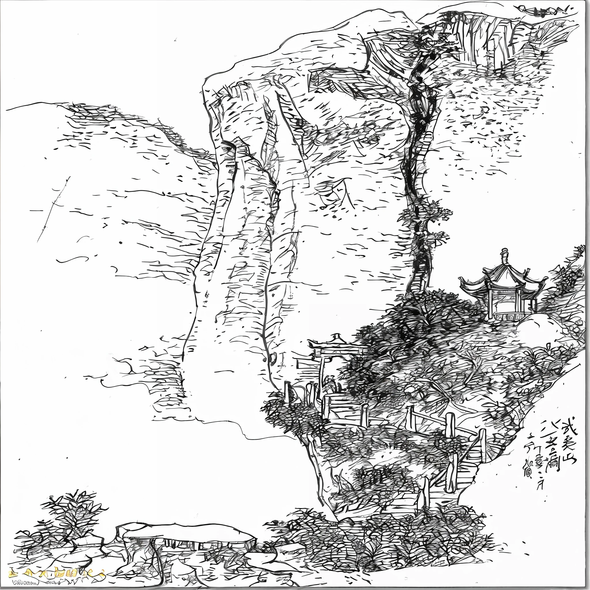 Mountains drawn with trees and fences, pen and ink illustration, pen - and - ink illustration, chinese brush pen illustration, inspired by Dong Qichang, full - view, author:Dong Yuan, clean ink detailed line drawing, pen and ink illustration, inspired by Shen Shichong, perfect pen and ink line art, ink and watercolor painting
