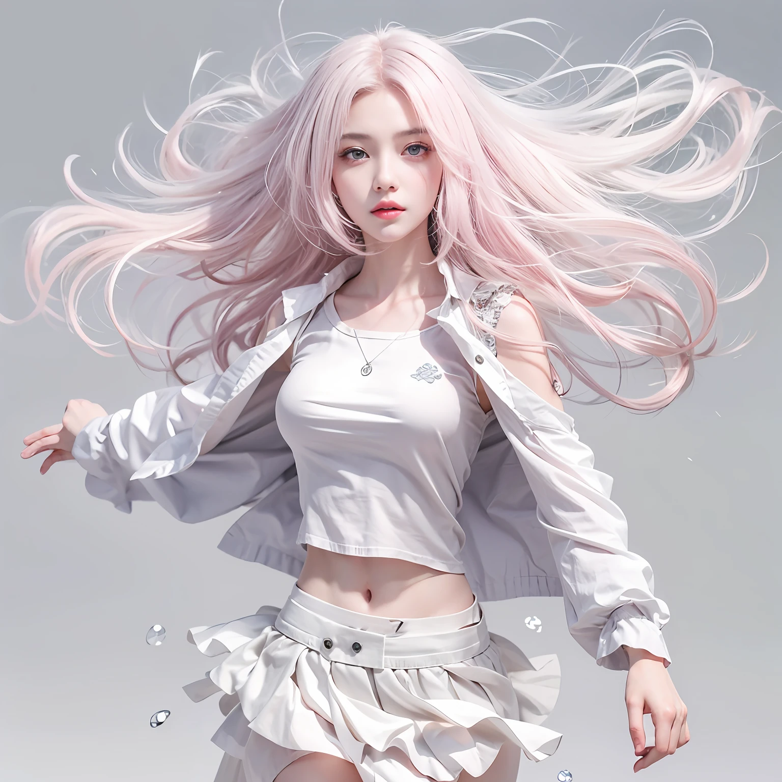 Beautiful anime girl in a white background, floating her hair in air, wearing crop-top skirt, silver color, alpha background, only white background, beautiful eyes, eyes visible through hair, full body, pink hair,