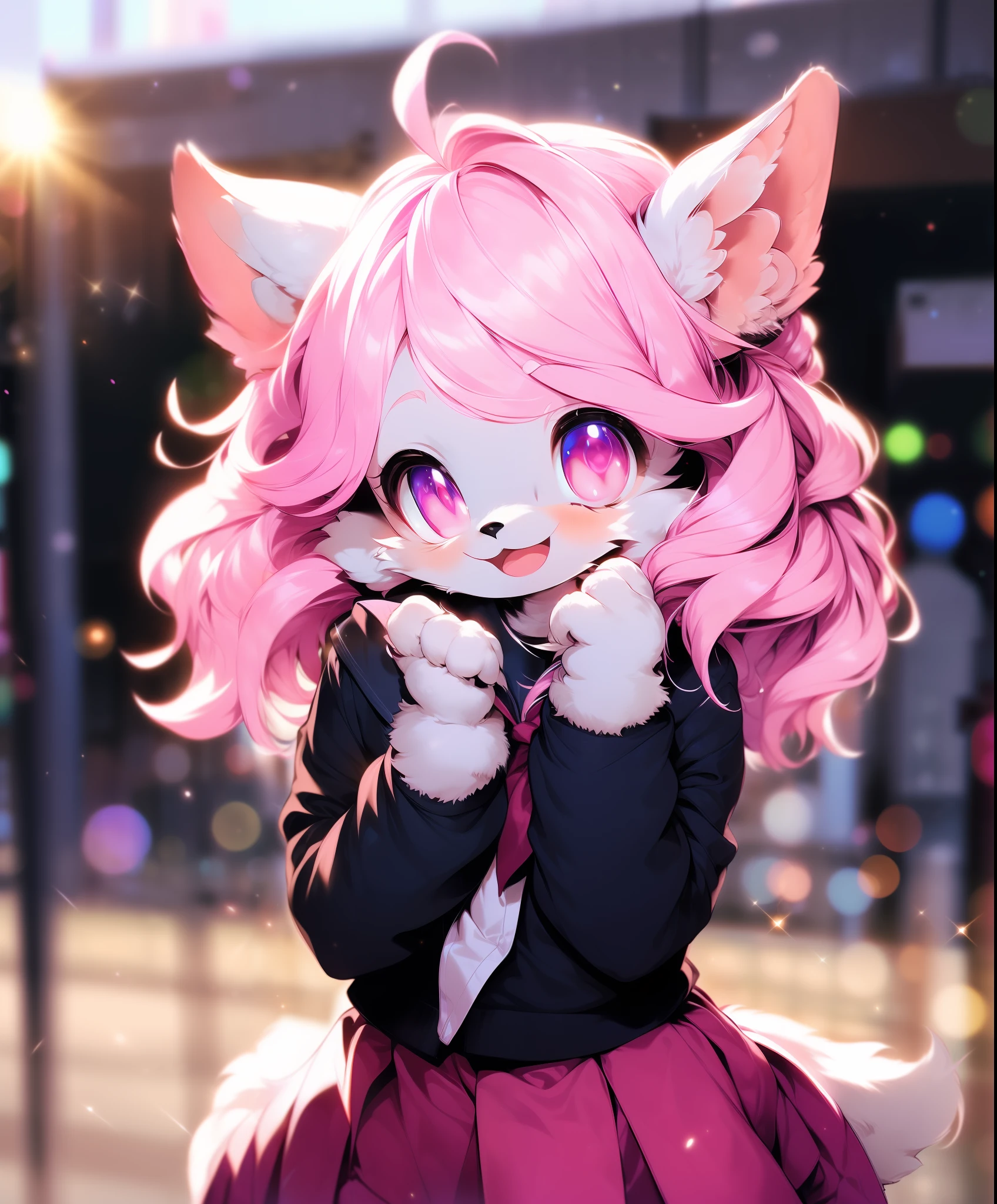 (furry girl:1.3),body fur,animal ear fluff,
hime cut bangs,short bob hair,messy hair,light pink hair,ahoge,
pink cat ears,white skin,
(school uniform:1.3),looking at viewer,smile, cowboy shot,