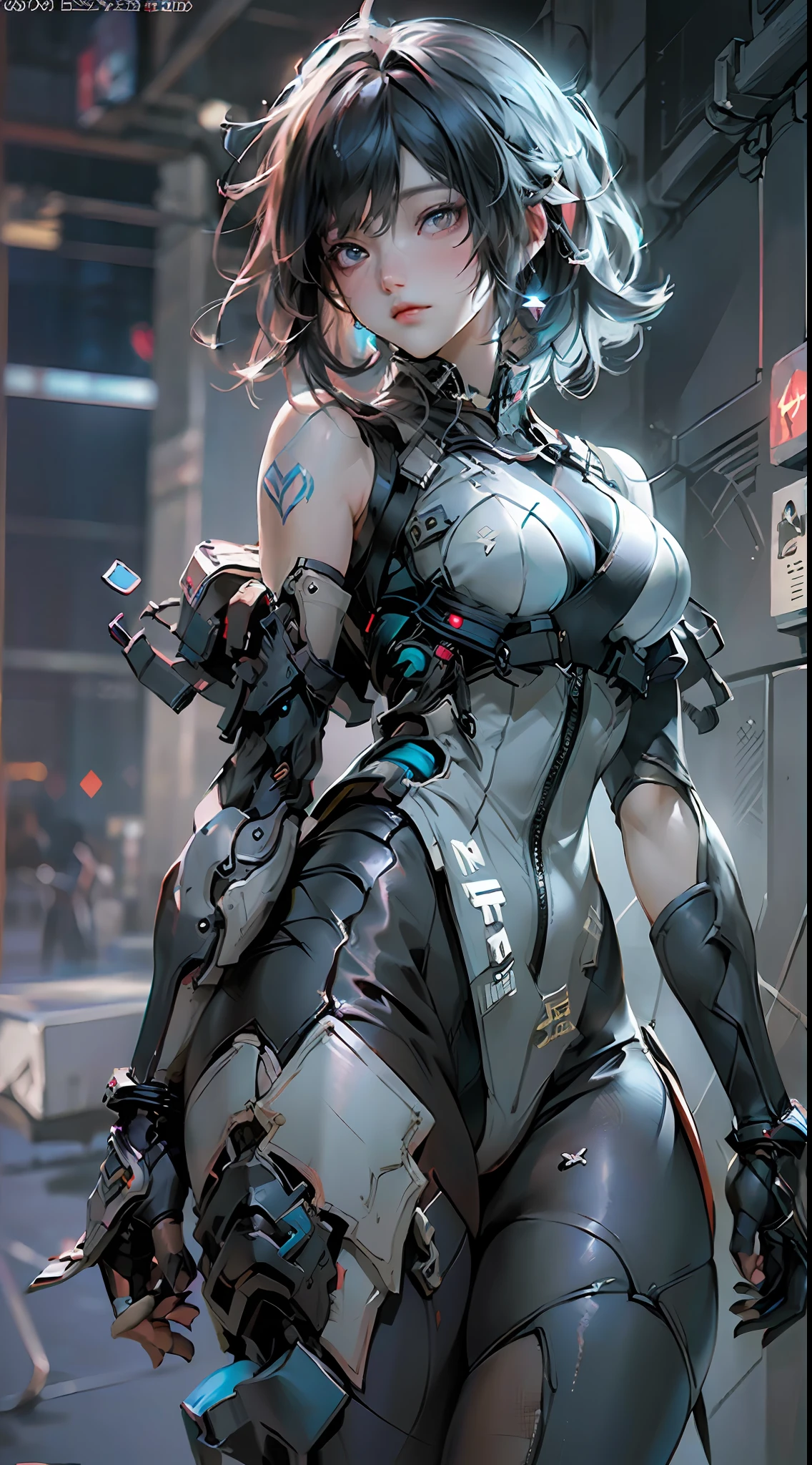 ((top-quality)), (((masterpiece)), (detaileds: 1.4), 3D, Beautiful cyberpunk woman image, bob cuts, sideways Facing, Broken black tights, leather clothes, buttocks, Electromechanical, HDR(HighDynamicRange), Ray traching, NVIDIA RTX, Hyper-Resolution, Unreal 5, sub-surface Scattering, PBR Texture, Postprocess, Anisotropy Filtering, depth of fields, Maximum sharpness and acutance, Multilayer Texture, Albedo and Highlight Maps, Surface coloring, Accurate simulation of light-material interactions, perfectly proportions、octane renderings、two tone lighting、Large aperture、Low ISO、White Balance、thirds rule、8K RAW、masterpiece、top-quality、(8k extremely detailed CG unit wallpaper)(top-quality)、(The best illustrations)、(Best Shadows)