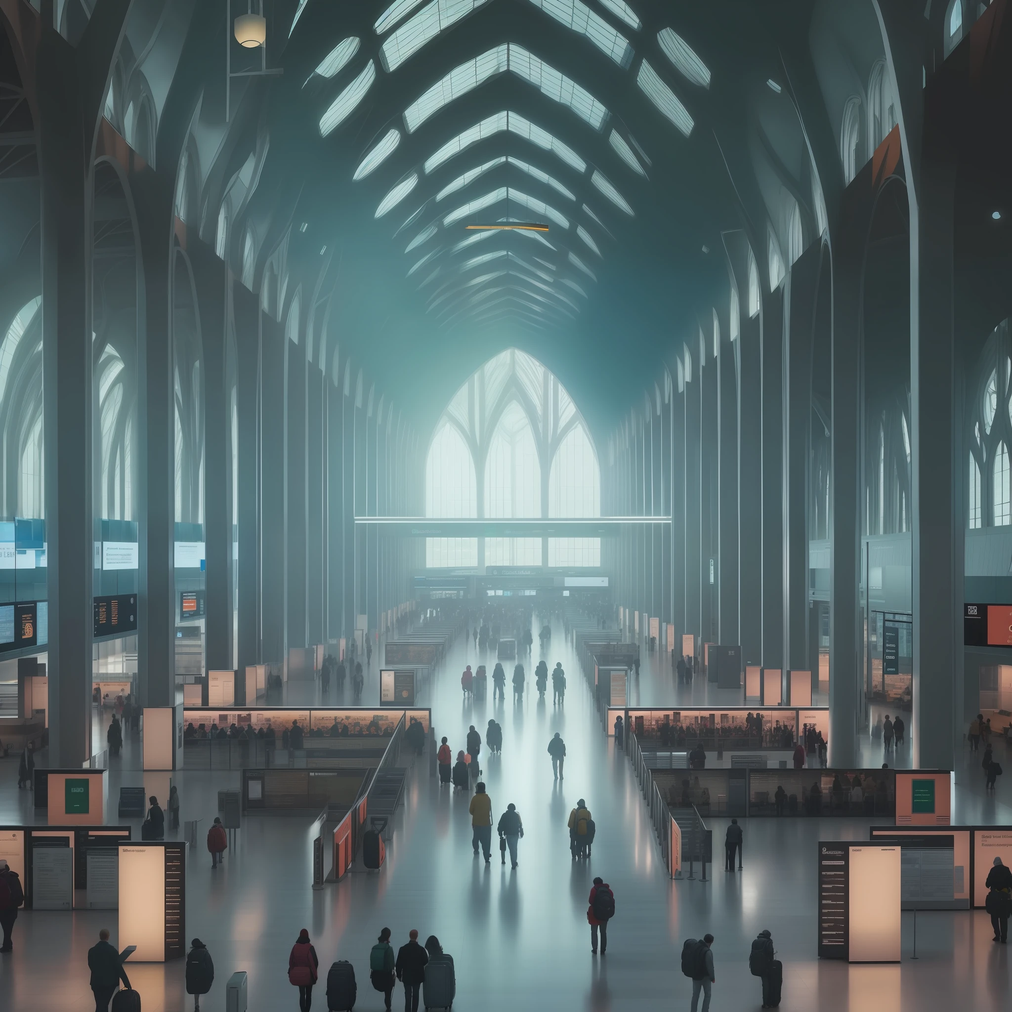 huge and modern airport, inside shot, many people, italian architecture, gothic, architectural brustalism. Photography, fully detailed