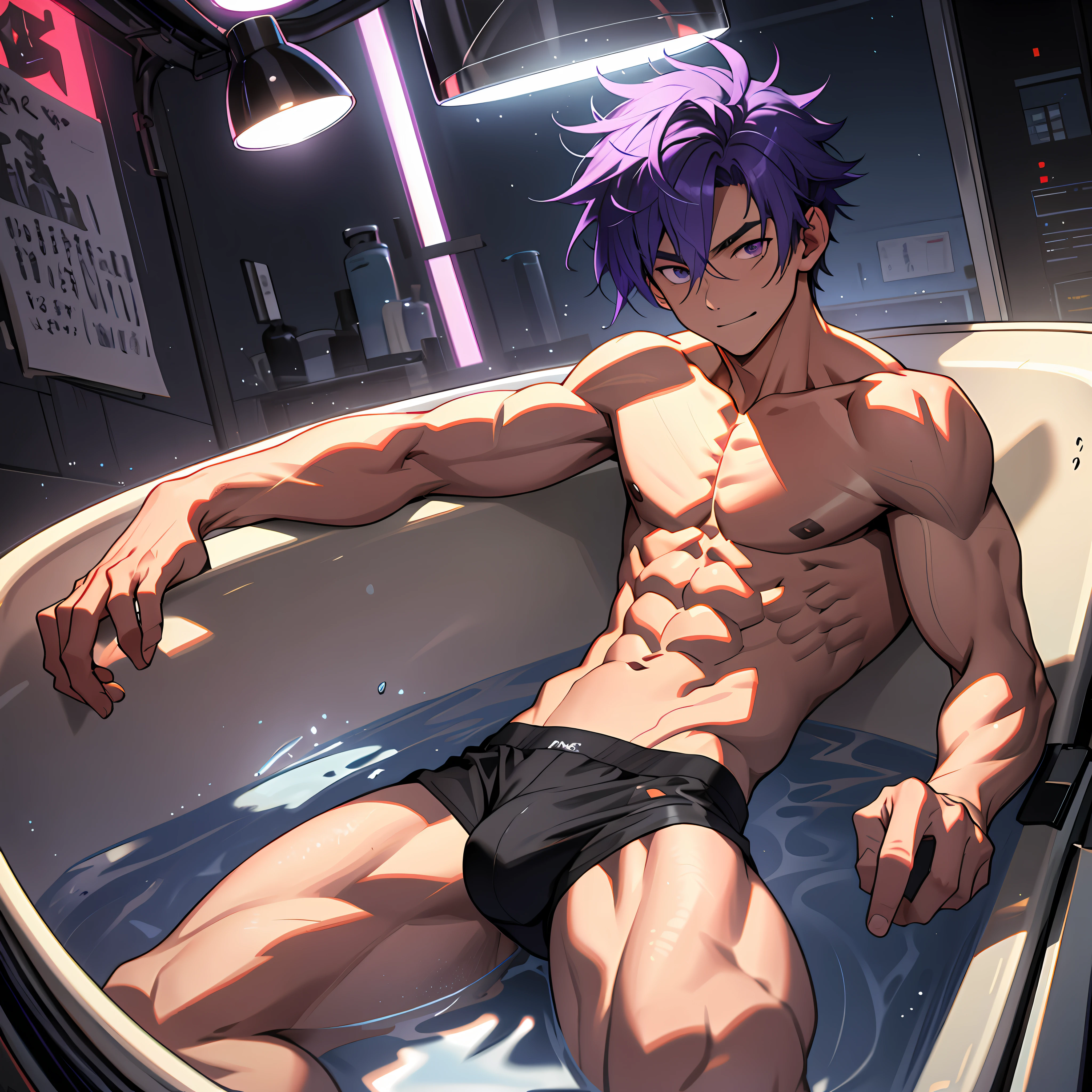 solo person,(masterpiece, best quality), 1boy, younge boy,Flat chin,is shy,ssmile,musculous, short blue-purple hair, Dark gray eyes, 复杂, (Baths), full bodyesbian,nakeness, White briefs,Pectoralis abdominal muscles,vivd colour,(depth of fields:1.2),(abs),Be red in the face,looking at viewert,A piano,spread their legs,neonlight,Colorful light effects,Fluorescent effects