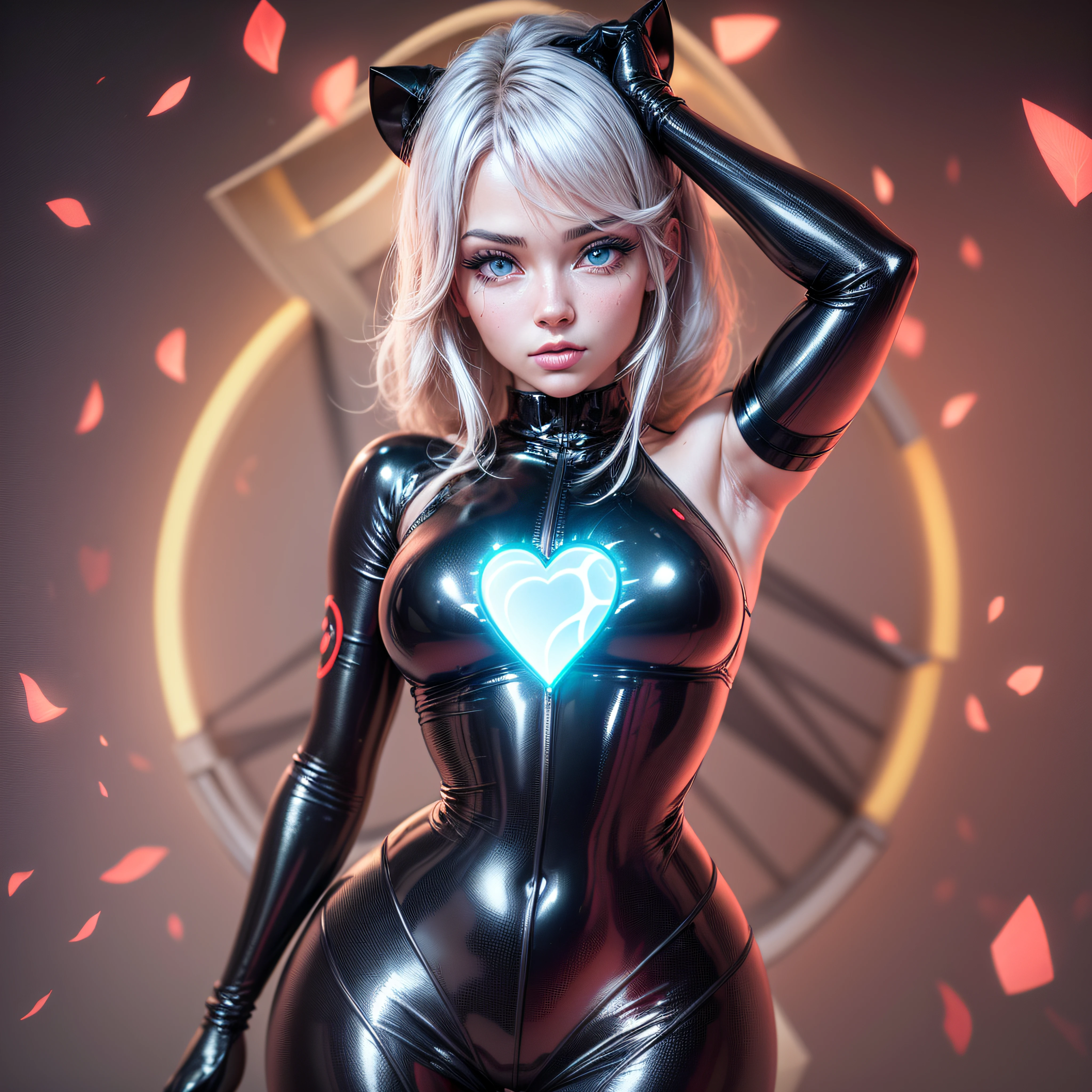 Beautiful black latex woman, olhos azuis, coberta com rosas vermelhas iluminadas, bright blue white glowing heart, visible from human, noite, Colouring, photography hyper-detailed cinematic hdr lighting, softbox lighting, Detalhe extremo, 8k, 3D-rendering, Hiper realista, NVIDIA,