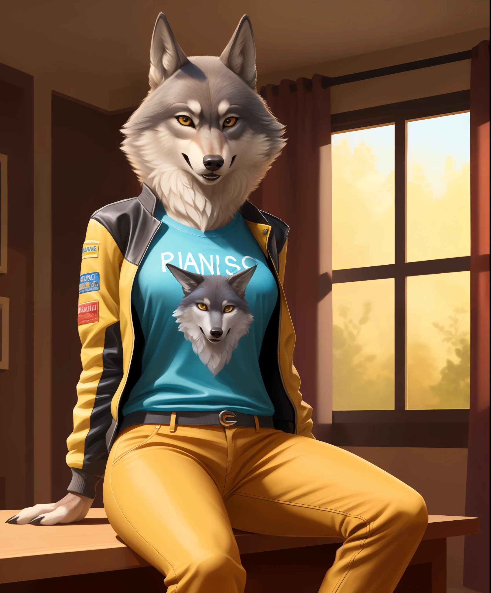 (porshacrystal, porsha, sing 2, wolf girl, wolf ears, wolf tail, racer jacket, blue t-shirt, yellow pants, orange purse:1.2), (by ratte and nuzzo and kenket:0.7), realistic fur, real, detailed, (detailed fur, furry, furry body:1.2), furry, anthro, best quality, professional photo, photorealism, high quality, volumetric, ray tracing, HDR, 4K, 8k, absurd res, realistic, max shading, ((masterpiece)), (sitting in a room:1.2),