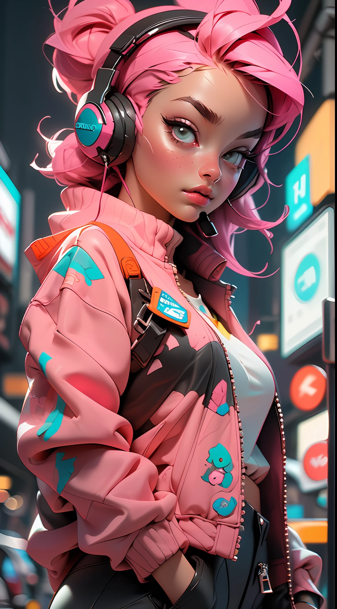 ((Best quality)), ((masterpiece)), ((realistic)) and ultra-detailed photography of a 1nerdy girl with neon headphones. She has ((pink hair)), is wearing an orange techwear jacket, and exudes a ((beautiful and aesthetic)) vibe.