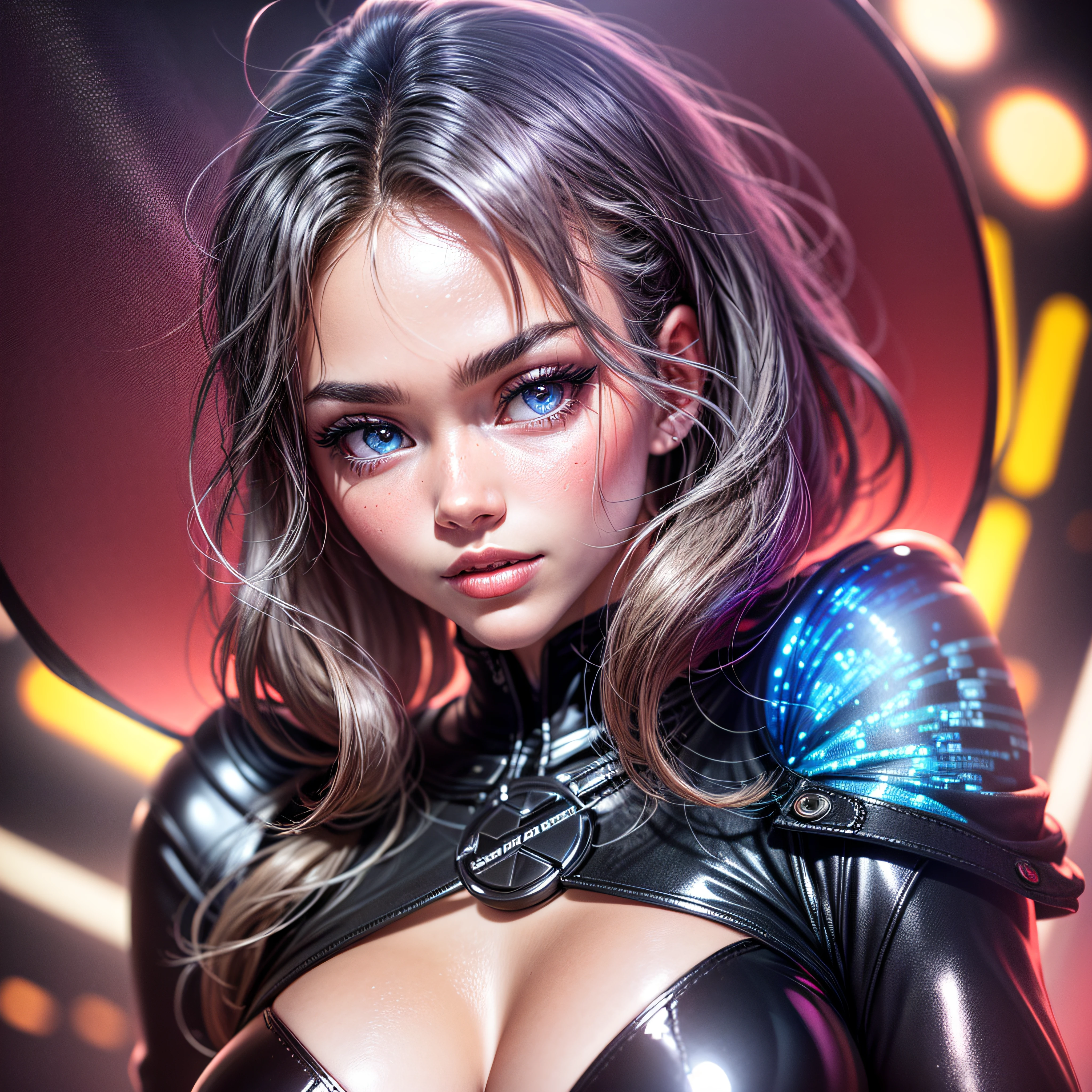 Beautiful black latex woman, olhos azuis, coberta com rosas vermelhas iluminadas, bright blue white glowing heart, visible from human, noite, Colouring, photography hyper-detailed cinematic hdr lighting, softbox lighting, Detalhe extremo, 8k, 3D-rendering, Hiper realista, NVIDIA,
