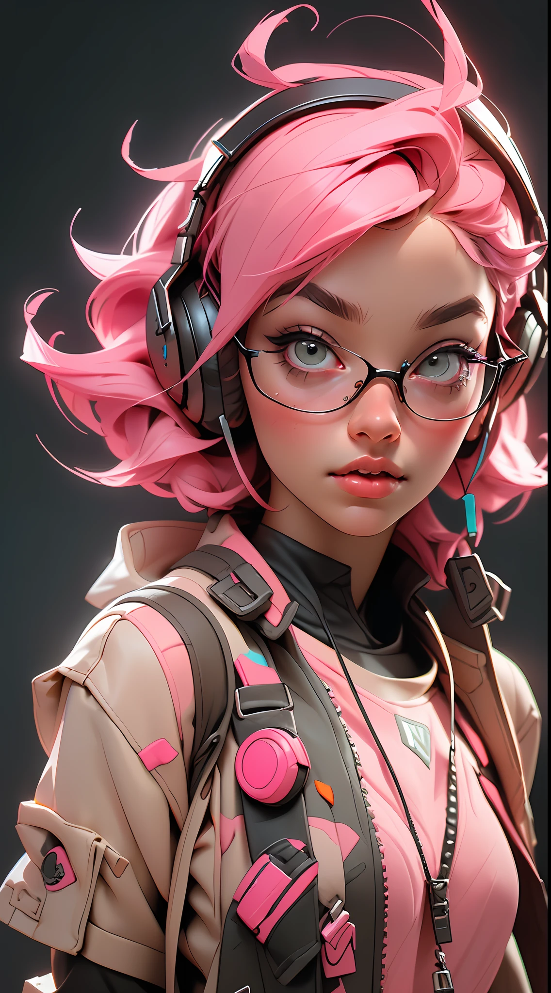 ((Best quality)), ((masterpiece)), ((realistic)) and ultra-detailed photography of a 1nerdy girl with neon headphones. She has ((pink hair)), is wearing an orange techwear jacket, and exudes a ((beautiful and aesthetic)) vibe.