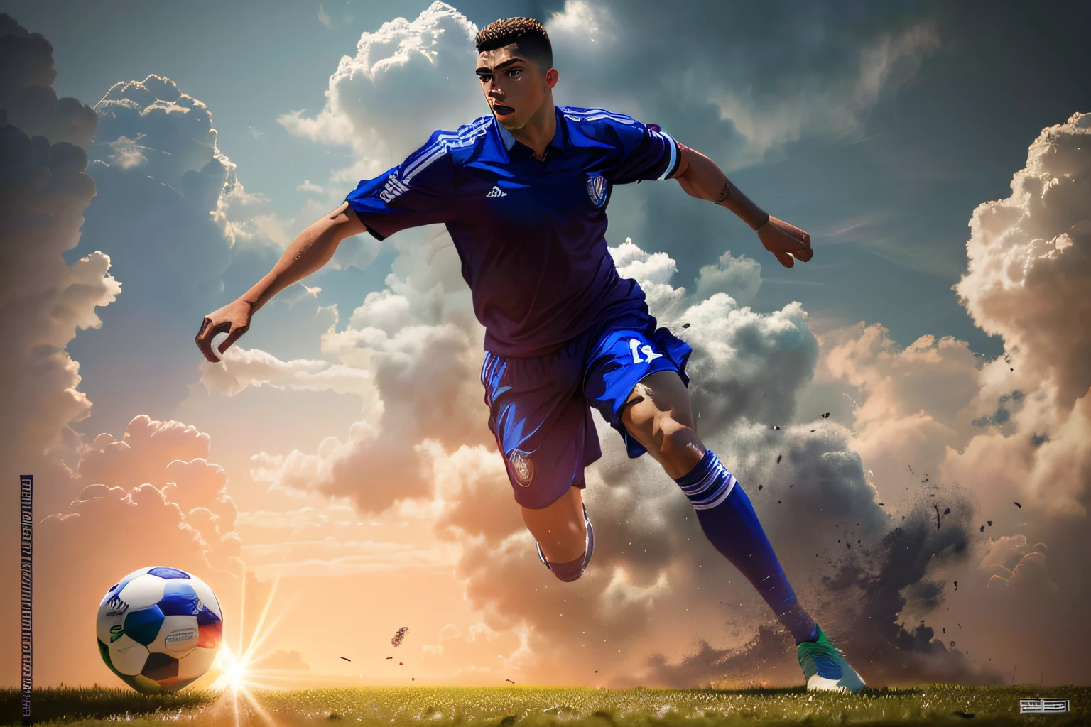 imagem de um Jogador de futeBol chutando uma bola de futeBol, Jogador de futeBol, Jogador de futeBol, Artistic illustration, artistic rendering, futeBol, O Jogador de futeBol Cristiano Ronaldo, arte de alta qualidade, dynamic action shot, extremely high quality artwork, jogar futeBol, beautiful high resolution, O melhor no Adobe Stock, futeBol, desporto, photo art, artistic rendering, photo illustration, Fantastic Art