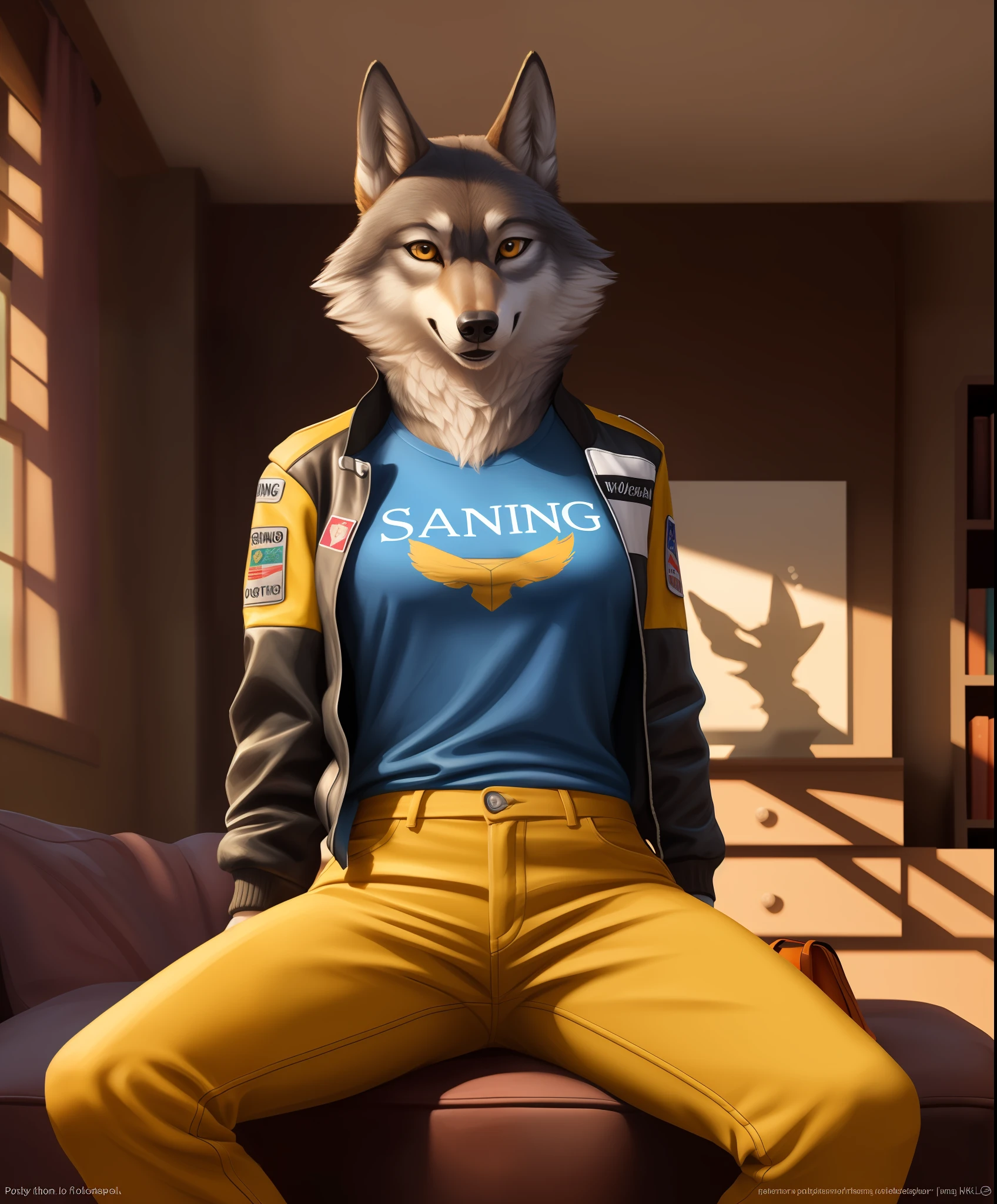 (porshacrystal, porsha, sing 2, wolf girl, wolf ears, wolf tail, racer jacket, blue t-shirt, yellow pants, orange purse:1.2), (by ratte and nuzzo and kenket:0.7), realistic fur, real, detailed, (detailed fur, furry, furry body:1.2), furry, anthro, best quality, professional photo, photorealism, high quality, volumetric, ray tracing, HDR, 4K, 8k, absurd res, realistic, max shading, ((masterpiece)), (sitting in a room:1.2),