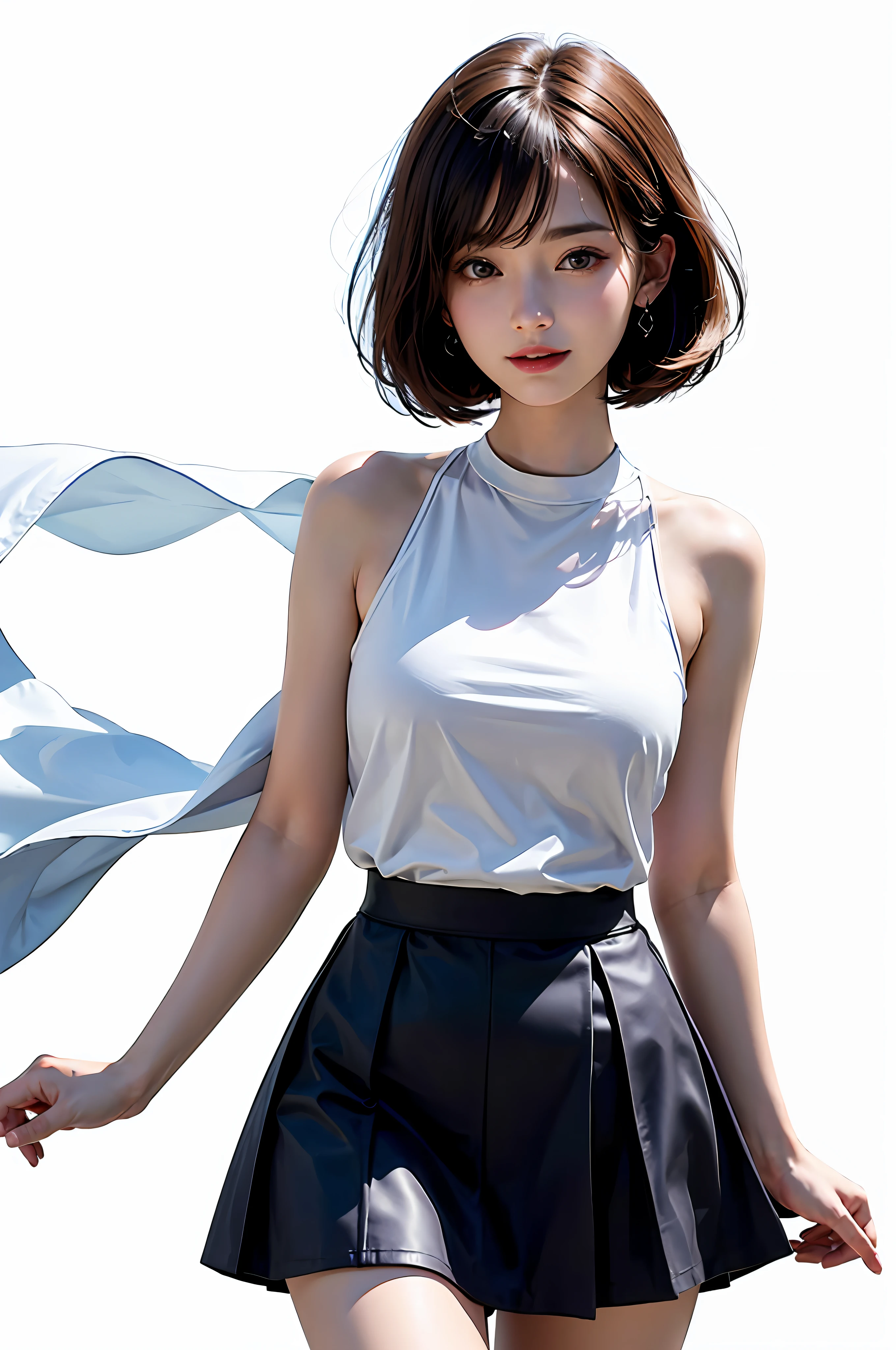 (8K)、(Top image quality:1.2)、(reallistic)、(Photorealsitic:1.37)、((Immaculate white background with nothing really、Immaculate white background with nothing really))、The ultra -The high-definition、1girll、190cm Supermodel、Colossal tits、cute little、A smile、a closed mouth、Beautiful details、Beautiful nose in every detail、full body Esbian、clean short hair with bangs、Colossal Dalsepho、pork meat、student clothes、thighs thighs thighs thighs、Hair that flutters in the wind、A skirt that flutters in the wind
