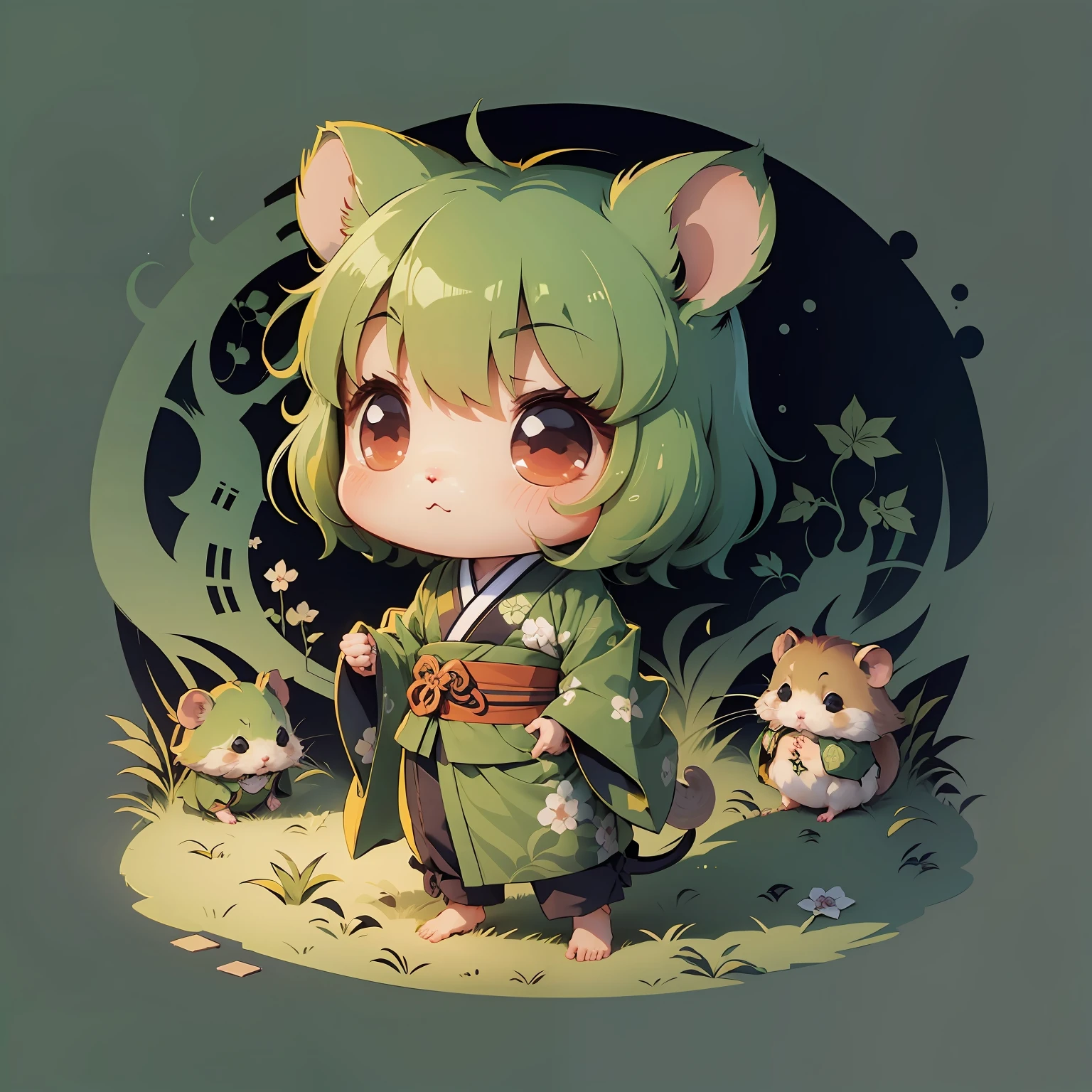 Chibi Chara,Hamster motif,Base color green,kimono --auto