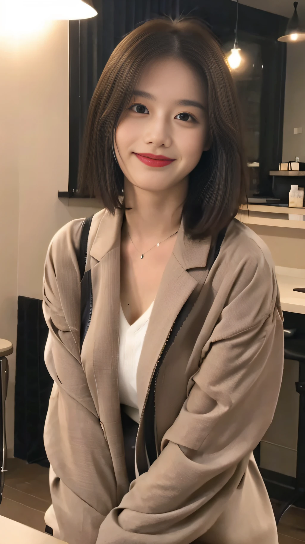((Best Quality, 8K, Masterpiece: 1.3)), , Focus: 1.2, Perfect Body Beauty: 1.4, Buttocks: 1.2, (Layered Haircut: 1.2)), (Dark Street: 1.3), Highly Detailed Face and Skin Texture, Full Body, Fine Eyes, Double Eyelids, Whitened Skin, Long Hair, (Round Face: 1.5), (White Suit Style: 1.6). Smile in a late night café. Sit and drink coffee