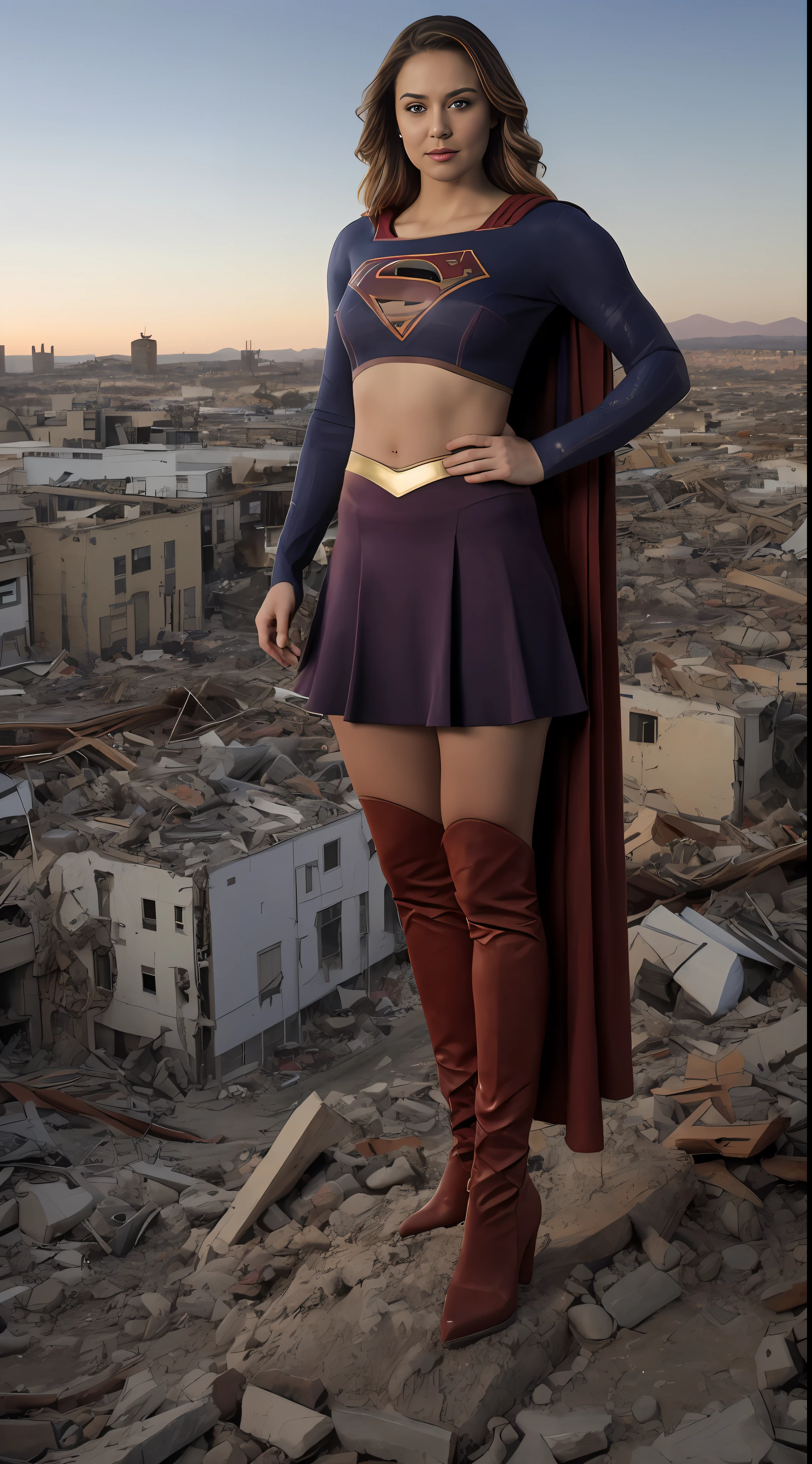 (((Towering over you))), face,supergirl Beautiful woman (20 years old, long blonde hair, blue eyes) defined body, detailed, using tube dress cosplay supergirl suite, ((smirking)), standing on a planet in space with her full body in view, cosmic background, furrowed brow, ((midriff exposed)), city under her boots, destruction, rubble