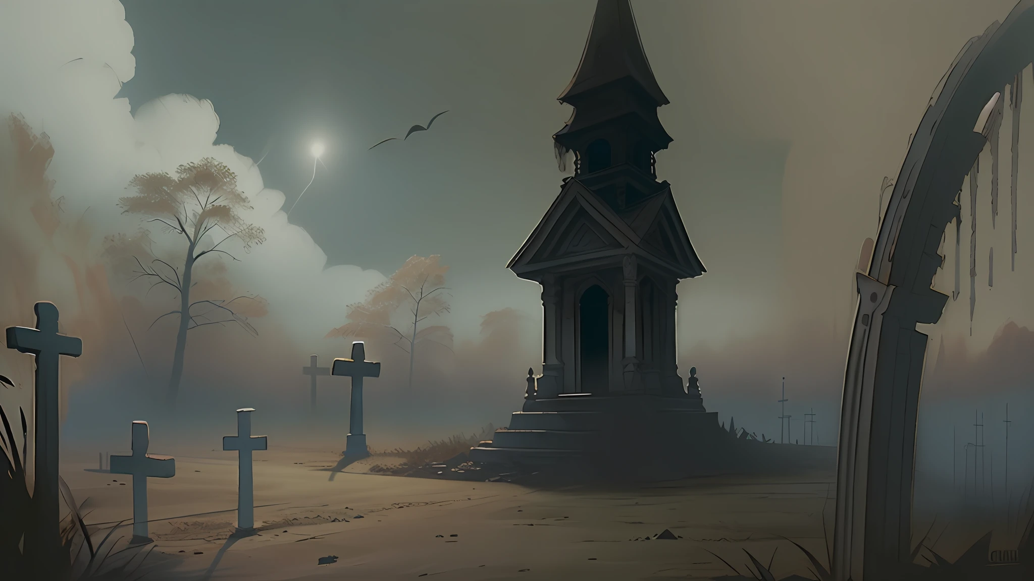 a gloomy cemetery with fog by craig mullins, consumed by time and neglect, the atmosphere is heavy with a sense of sorrow and impending doom, concept art, artstation, trending on instagram, 8 k, ultra detailed, award winning, , beams of light, night, (intricate details), (hyperdetailed), 8k hdr