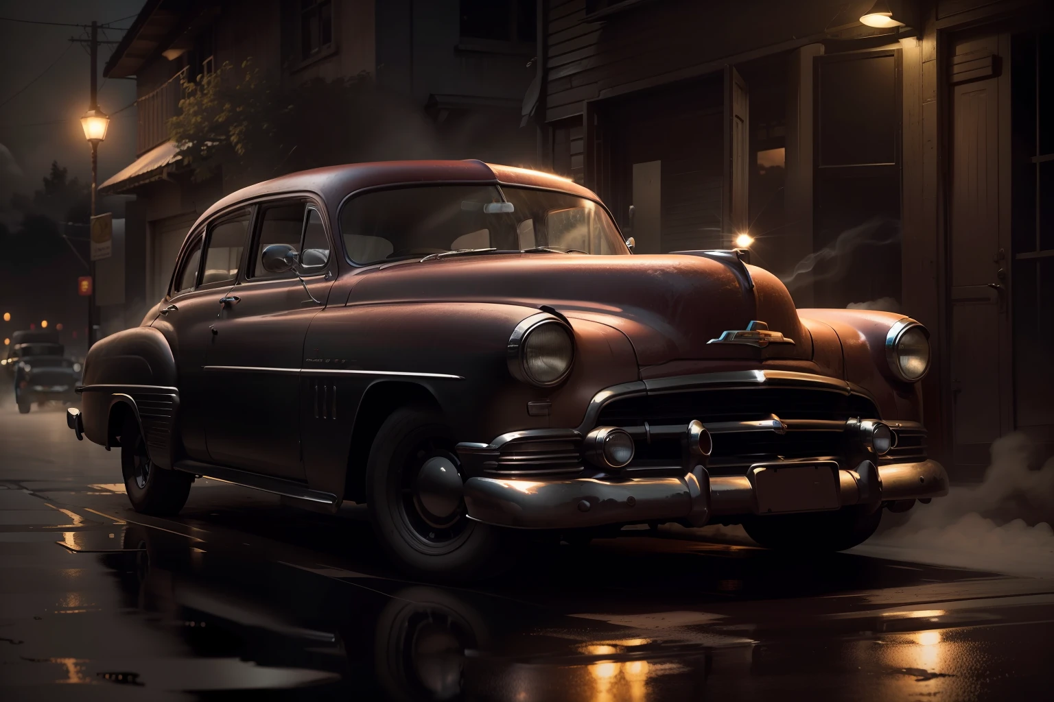 Chevy sedan 1950 seed: 759504711, flaming wheels, dark atmosphere, nightfall, cinema photography, lightning road, warm colours, keep the car faithfull to the original, 8K --auto