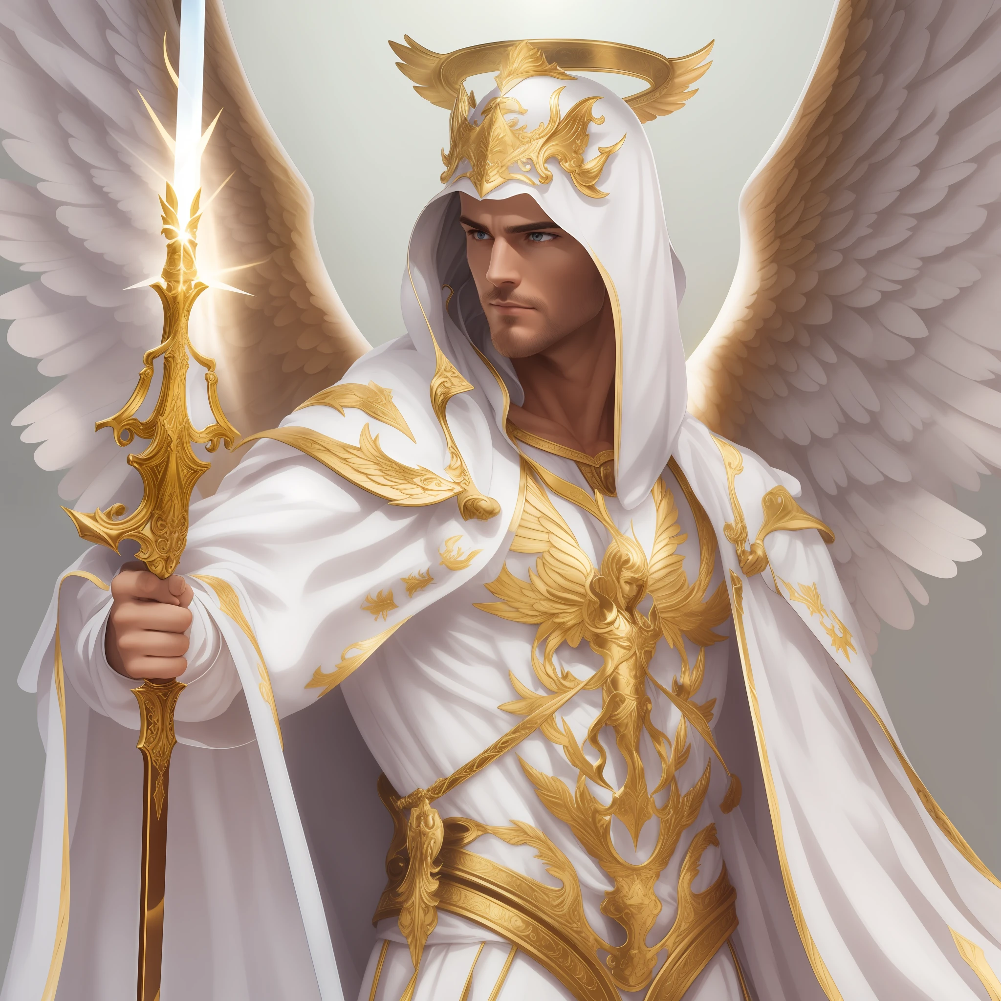 a male angel, flying, in white robes with golden parts, his face glows, white wings, holding a great sword of divine power, (ultra realistic) (ultra detailed) (Perfect face) (Perfect hand)Full body