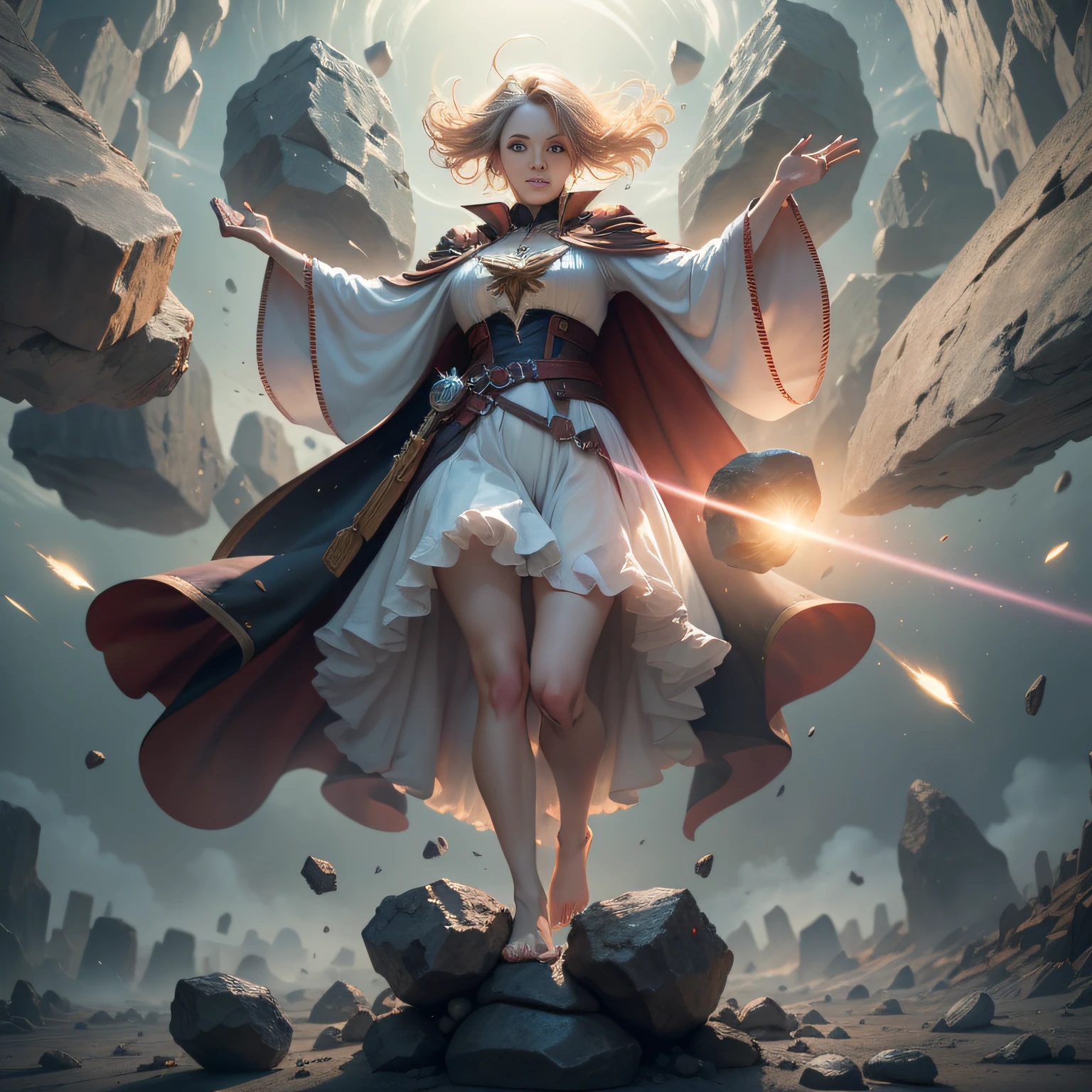 female barefoot summoner levitating with blonde hair robes and cape arms lifted up over a broken earth bright lava light from below asteroid field (jagged rocks boulders and debris shooting into the air:1.3) (windy dust debris storm:1.1) volumetric fog mist ray tracing z pass bright light from below, (masterpiece) (best quality) (detailed) (8k) (cinematic lighting) (sharp focus) (intricate)