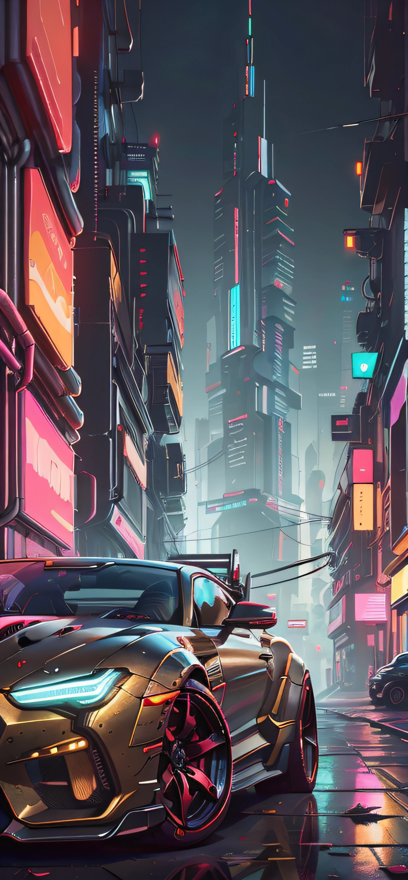 mobile wallpaper of a red and black futuristic car in a cyberpunk city, Cyberpunk 2077, cyberpunk city, cyberpunk wallpaper, 4k, 8k, detailed background, masterpiece, best quality, ornament, glowing, neon, graffiti, dark, night, blacklight, rich colors, vibrant colors, deep colors OLED colors, high contrast