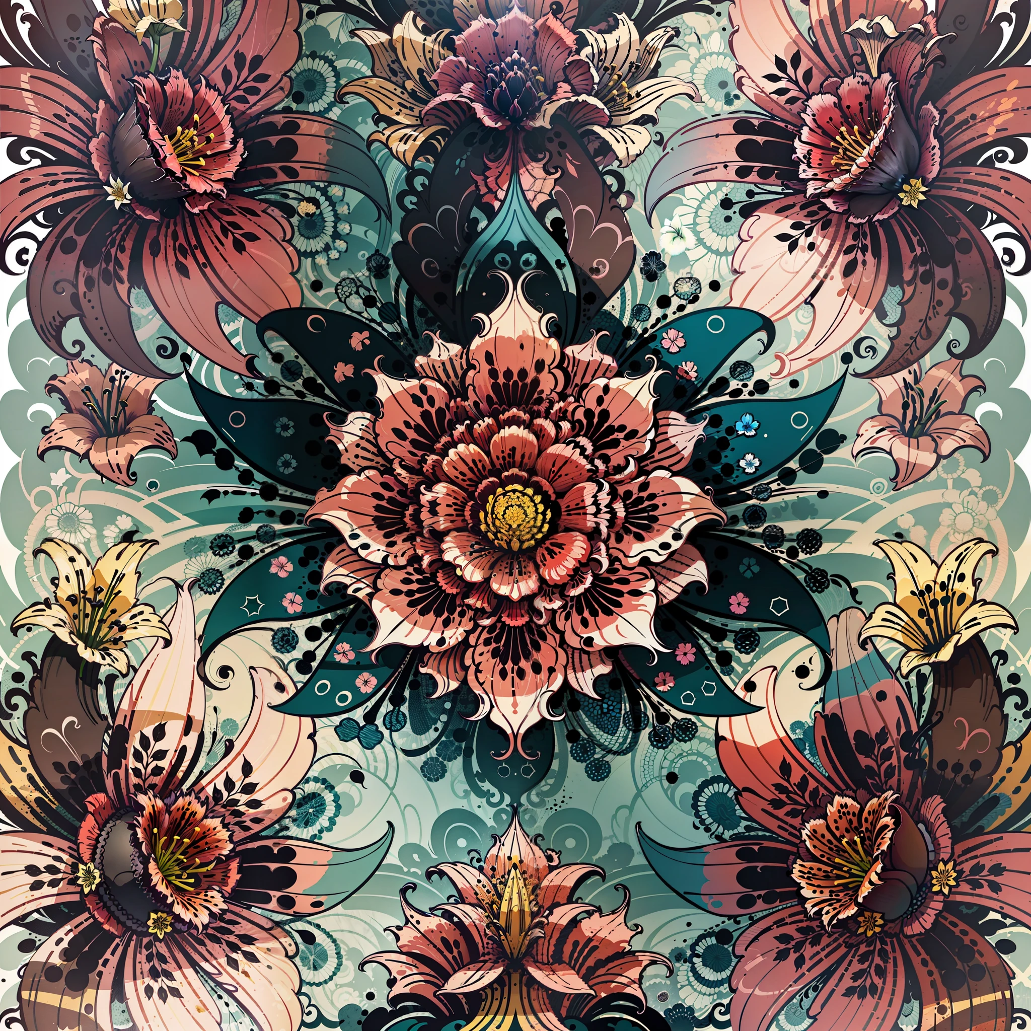 abstract lily flower wallpaper, vector style, splash ink, colorful, intricate