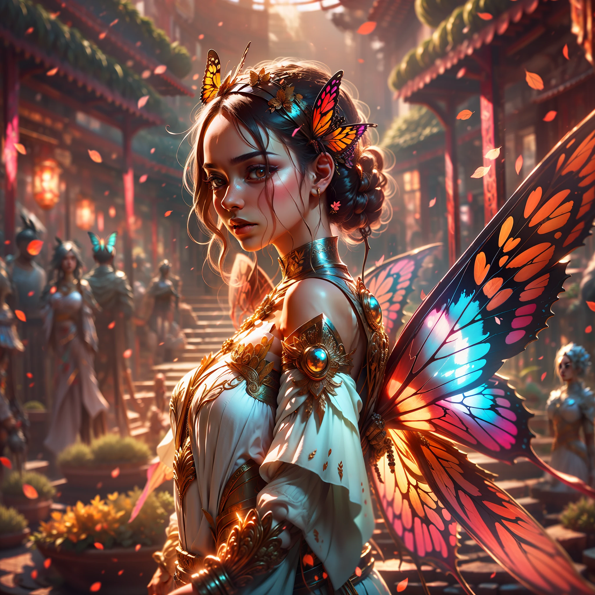 Create an engaging scene in a serene garden as a background, with rich textures. In the center of the image, a woman with delicate features, appearing fragile, is standing facing the observer, her gaze facing upwards. Its back is adorned by butterfly wings that bloom gracefully. The image resolution is 8K, providing a sharp view rich in detail. The carefully represented textures enhance the visual experience, enriching the scene. Sunlight bathes the environment, creating a bright and inspiring context. The image captures the moment when the woman embraces her transformation and finds freedom through butterfly wings.