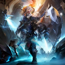 ((high quality)), ((masterpiece)), 8k, large shoulder pads, plate armor, Garen, League of Legends, demacia, 2 handed sword, giant sword light rays, extremely detailed CG unity 8k wallpaper, game cg, gloves, boots, full body, holding weapon, blonde hair, short hair, muscular build, holy sword coming from sky, massive pauldrons, massive sword