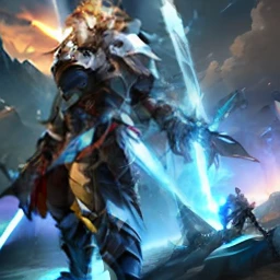 ((high quality)), ((masterpiece)), 8k, large shoulder pads, plate armor, Garen, League of Legends, demacia, 2 handed sword, giant sword light rays, extremely detailed CG unity 8k wallpaper, game cg, gloves, boots, full body, holding weapon, blonde hair, short hair, muscular build, holy sword coming from sky, massive pauldrons, massive sword