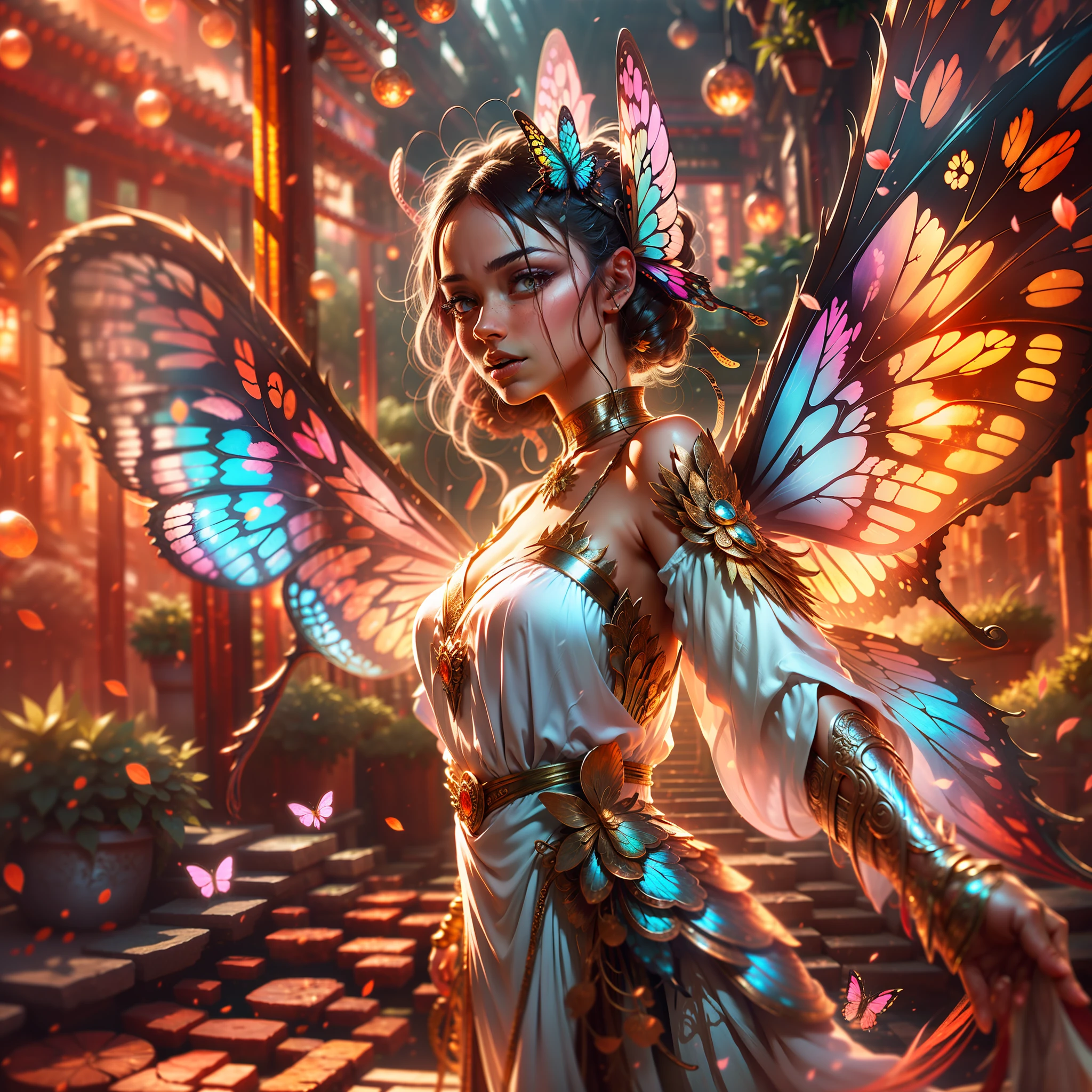 Create an engaging scene in a serene garden as a background, with rich textures. In the center of the image, a woman with delicate features, appearing fragile, is standing facing the observer, her gaze facing upwards. Its back is adorned by butterfly wings that bloom gracefully. The image resolution is 8K, providing a sharp view rich in detail. The carefully represented textures enhance the visual experience, enriching the scene. Sunlight bathes the environment, creating a bright and inspiring context. The image captures the moment when the woman embraces her transformation and finds freedom through butterfly wings.