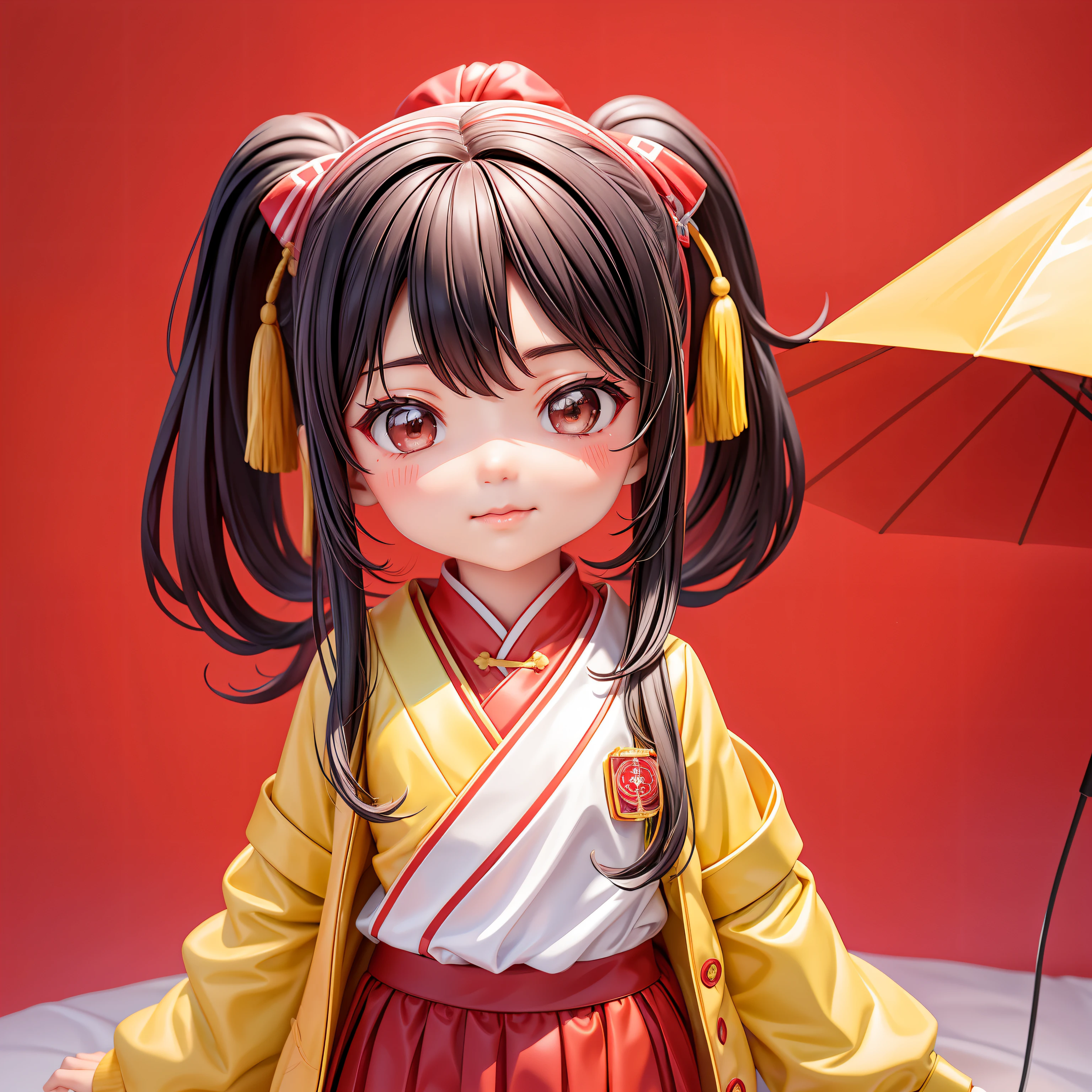 There is a young girl with a ponytail and a red jacket, Young Asian girl, south east asian with round face, Chinese girl, young cute wan asian face, Children, portrait of cute girl, color studio portrait, young girl, lulu chen, yanjun cheng, full protrait, ???, xue han, ren heng, Yun Ling, Asian girl