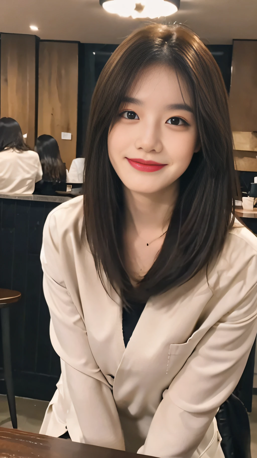 ((Best Quality, 8K, Masterpiece: 1.3)), , Focus: 1.2, Perfect Body Beauty: 1.4, Buttocks: 1.2, (Layered Haircut: 1.2)), (Dark Street: 1.3), Highly Detailed Face and Skin Texture, Full Body, Fine Eyes, Double Eyelids, Whitened Skin, Long Hair, (Round Face: 1.5), (White Suit Style: 1.6). Smile in a late night café. Sit and drink coffee