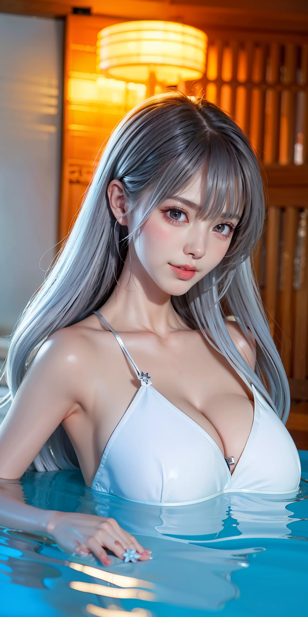 (8K, 4K, Best quality, A high resolution:1.2), (marsterpiece, Realistic, photograph realistic:1.37), 1girll, Solo, Beautiful face, eyeslashes, nase, Glossy lips, (Detailed eyes, view the viewer, Fair skin, White skin:1.5), fine complexion, Upper body,Straight breasts, Busty, , (:1.5),Deep cleavage，
Outdoor onsen,
two sides up, , Silver hair, bangs, hair adornments, Younger,
